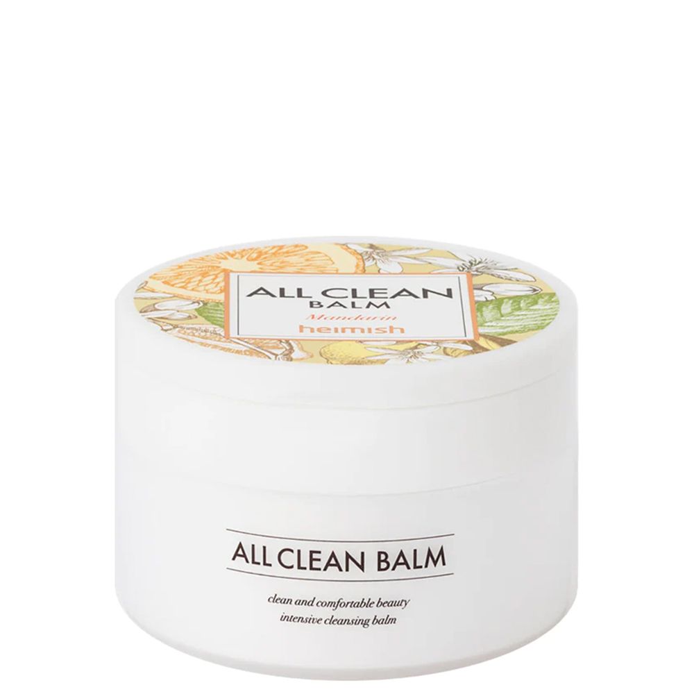 Heimish All Clean Balm: Weißer Tiegel mit Etikett, das "All Clean Balm" und botanische Illustrationen zeigt.