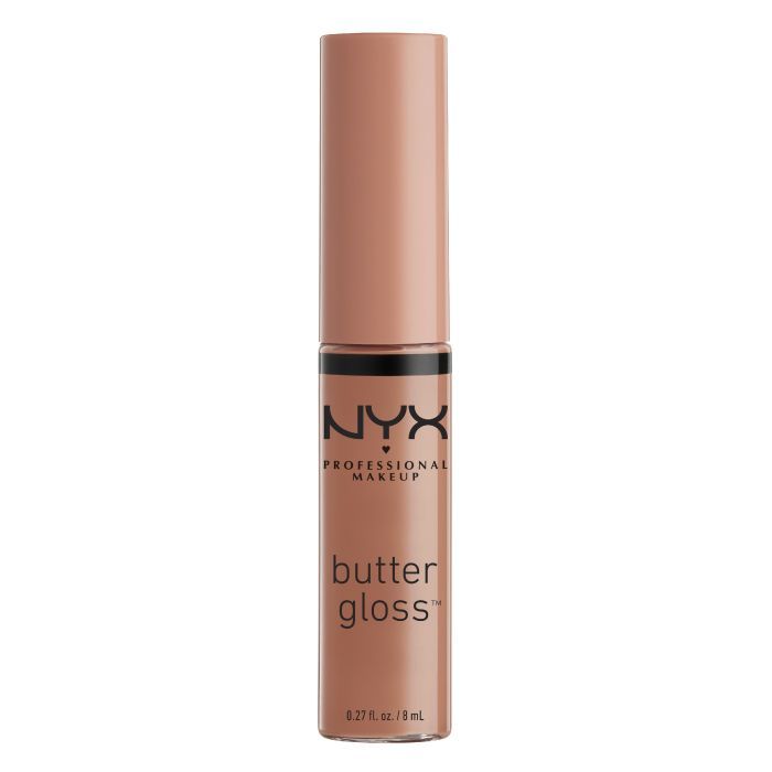 Lippen-Gloss-Tube mit rosafarbenem Deckel. Aufschrift: NYX PROFESSIONAL MAKEUP, butter gloss. Inhalt: 8 ml.