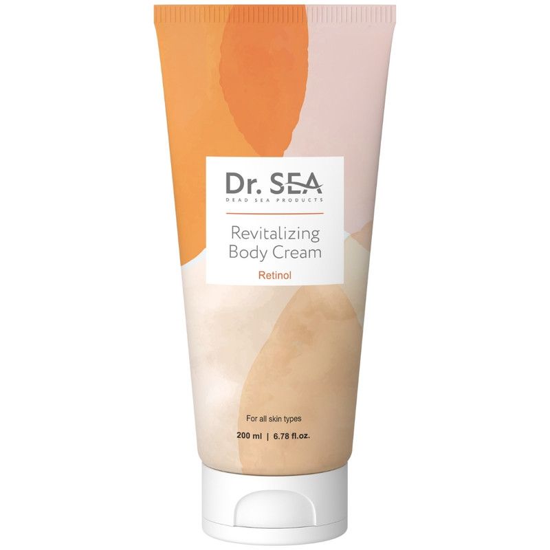 Creme-Tube mit Aufschrift "Dr. SEA Revitalizing Body Cream Retinol". Weißer Deckel, farbiger Hintergrund.