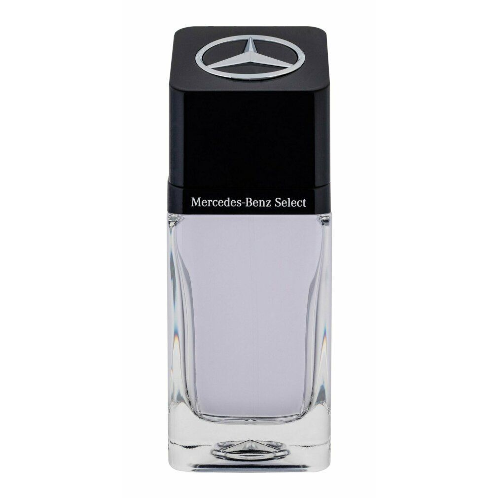 Glasflakon mit schwarzem Deckel und Mercedes-Benz Logo. Aufschrift: Mercedes-Benz Select. Rechteckige Form, transparente Flüssigkeit.