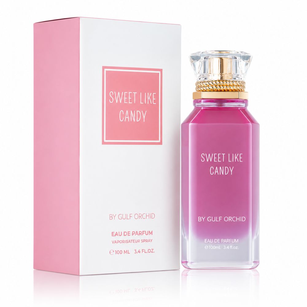 Gulf Orchid Sweet Like Candy Eau de Parfum Flakon und Verpackung. Rosa Karton mit Text.