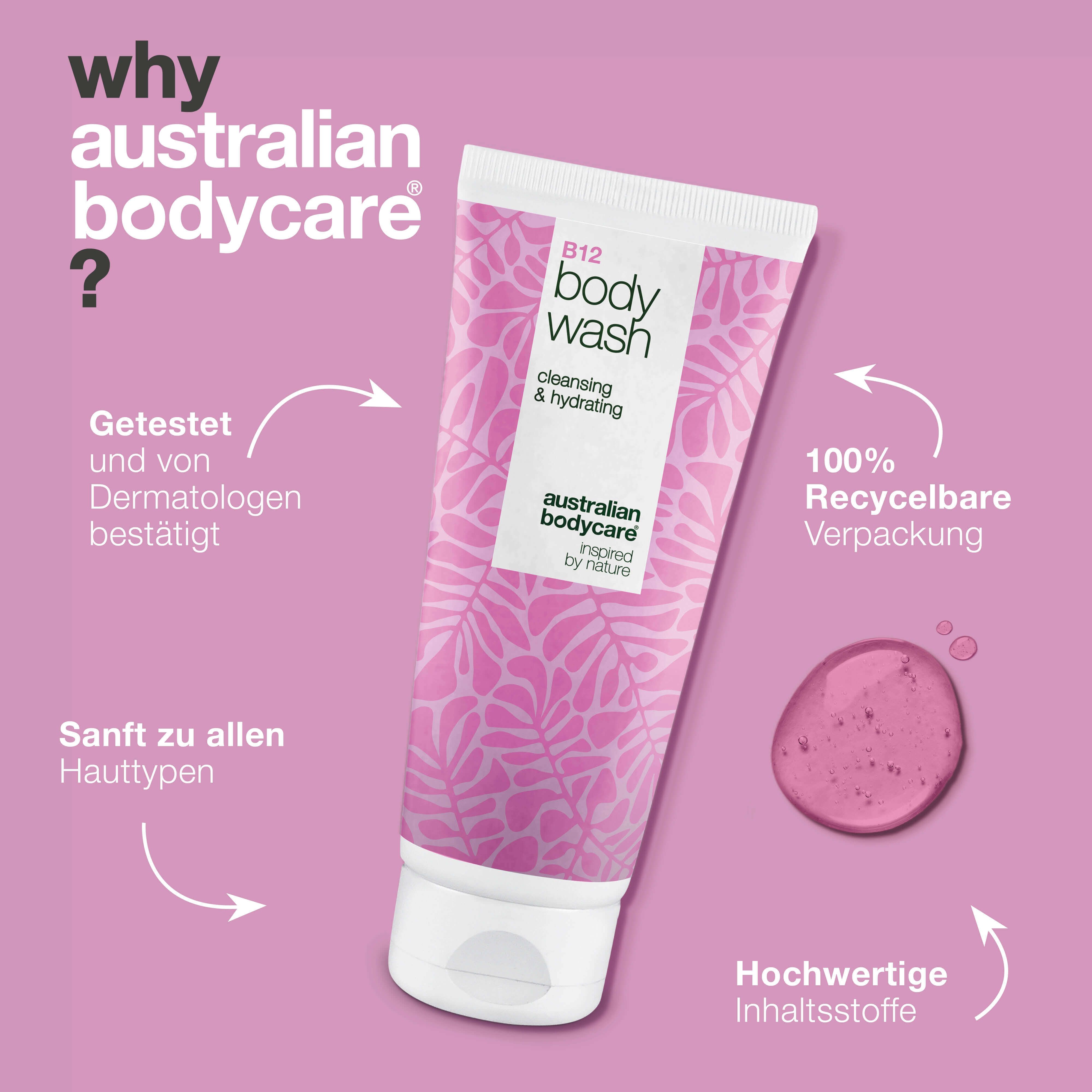 B12 Body Wash in Tube. Rosa Design. Text: Problem gelöst. Marke: Australian Bodycare.