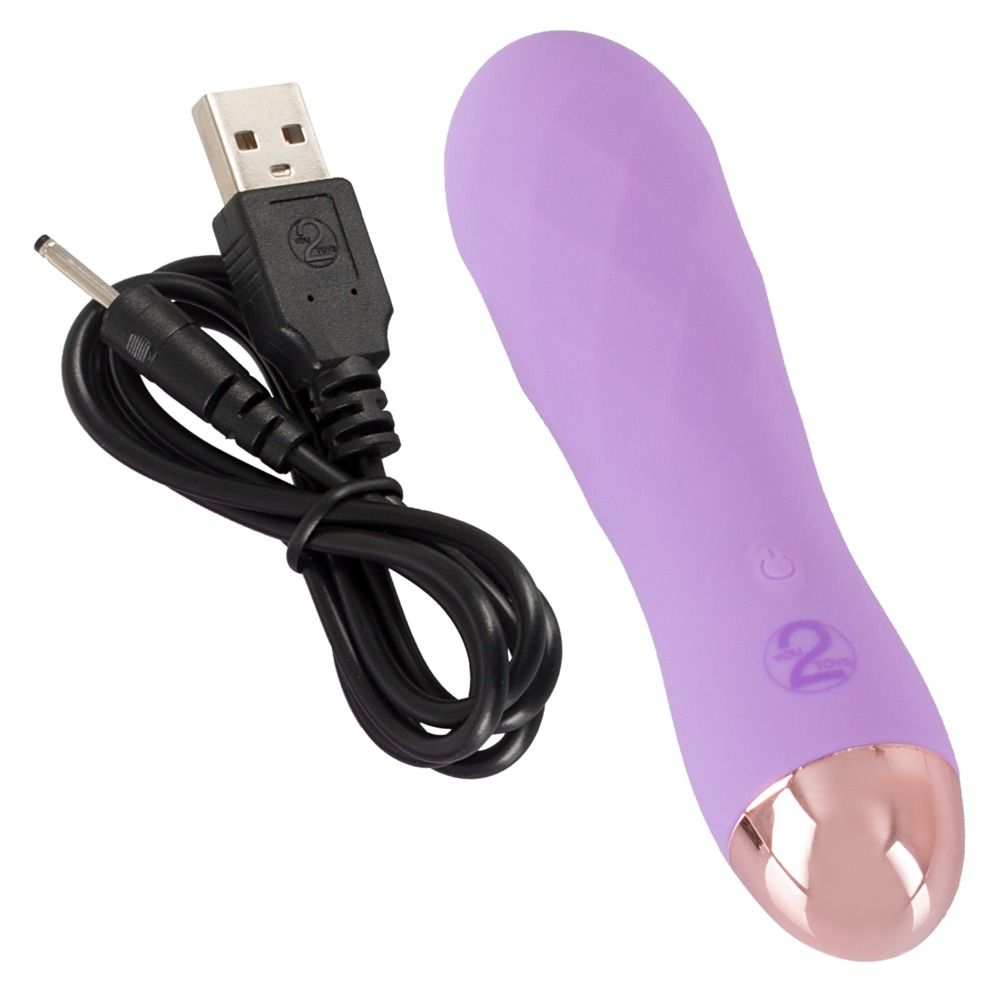 Lila Mini-Vibrator und USB-Ladekabel auf weißem Hintergrund.