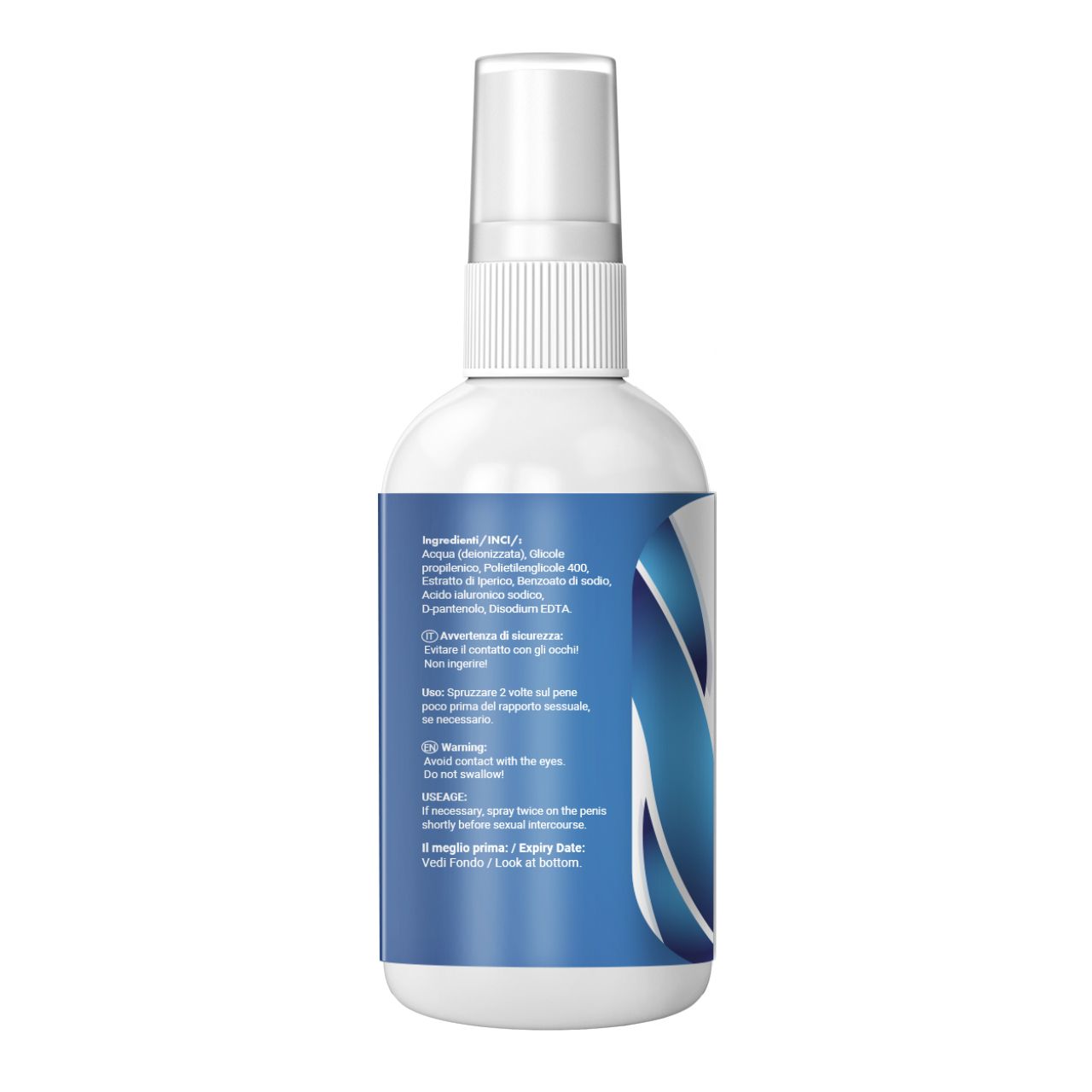 Rückseite einer weißen Sprühflasche mit blauem Etikett. Text: Inhaltsstoffe, Warnhinweise, Verfallsdatum.