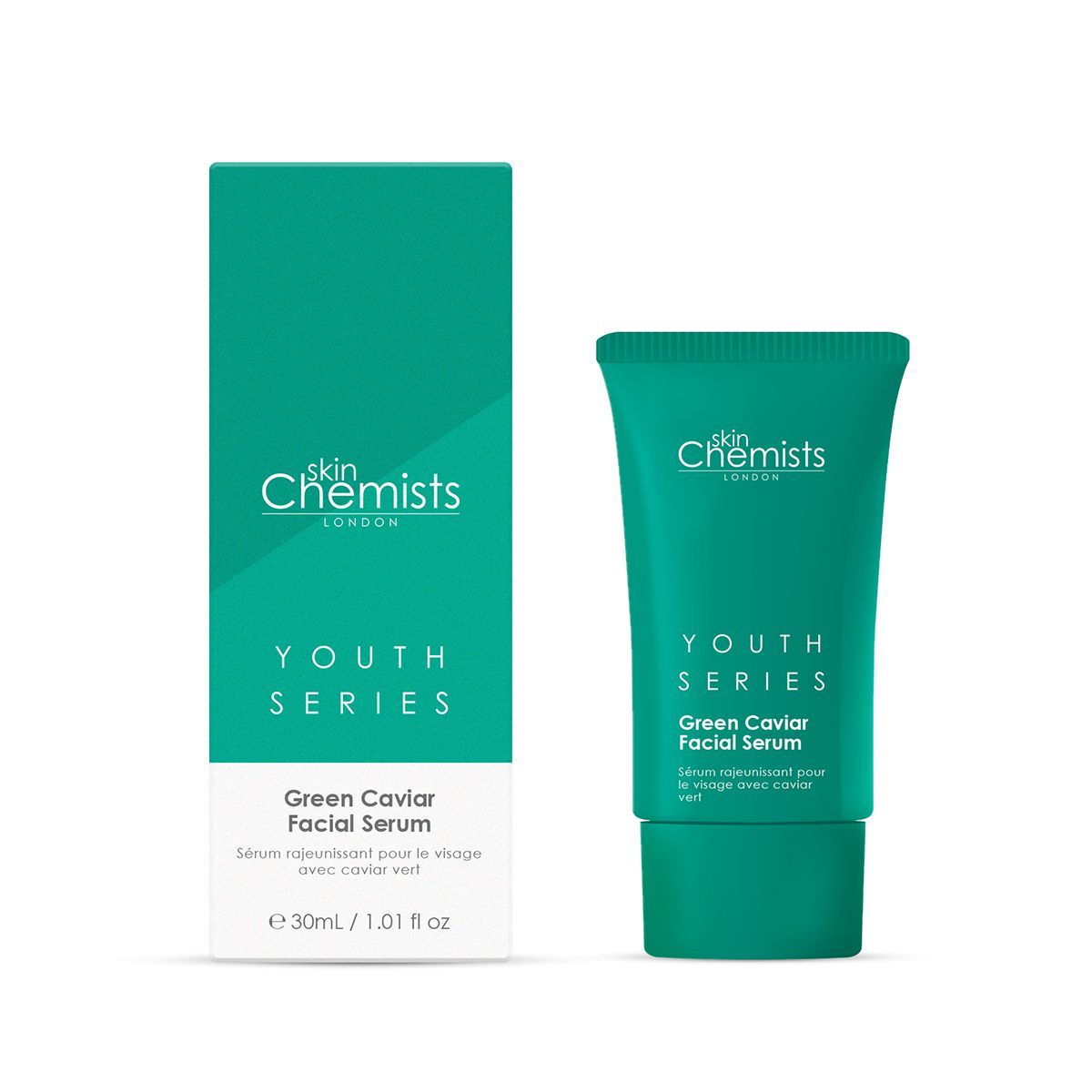 Produktverpackung mit Serumtube und Schachtel. Text: skinChemists, Youth Series, Green Caviar Facial Serum.