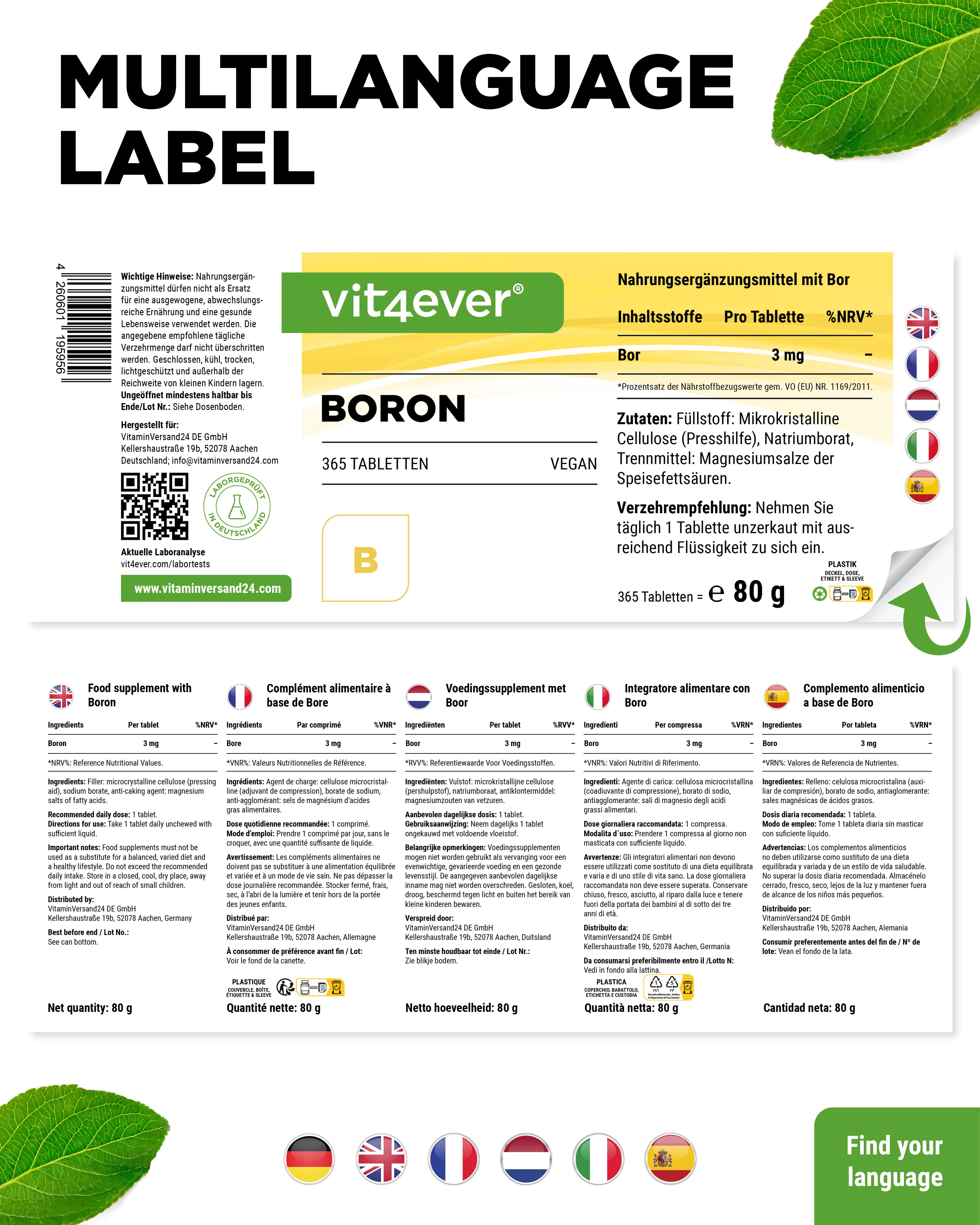 Vit4ever Boron-Behälter mit grünem Deckel. Aufschrift: Boron, 365 Tabletten, Vegan. Mehrsprachiges Etikett mit Nährwertangaben.