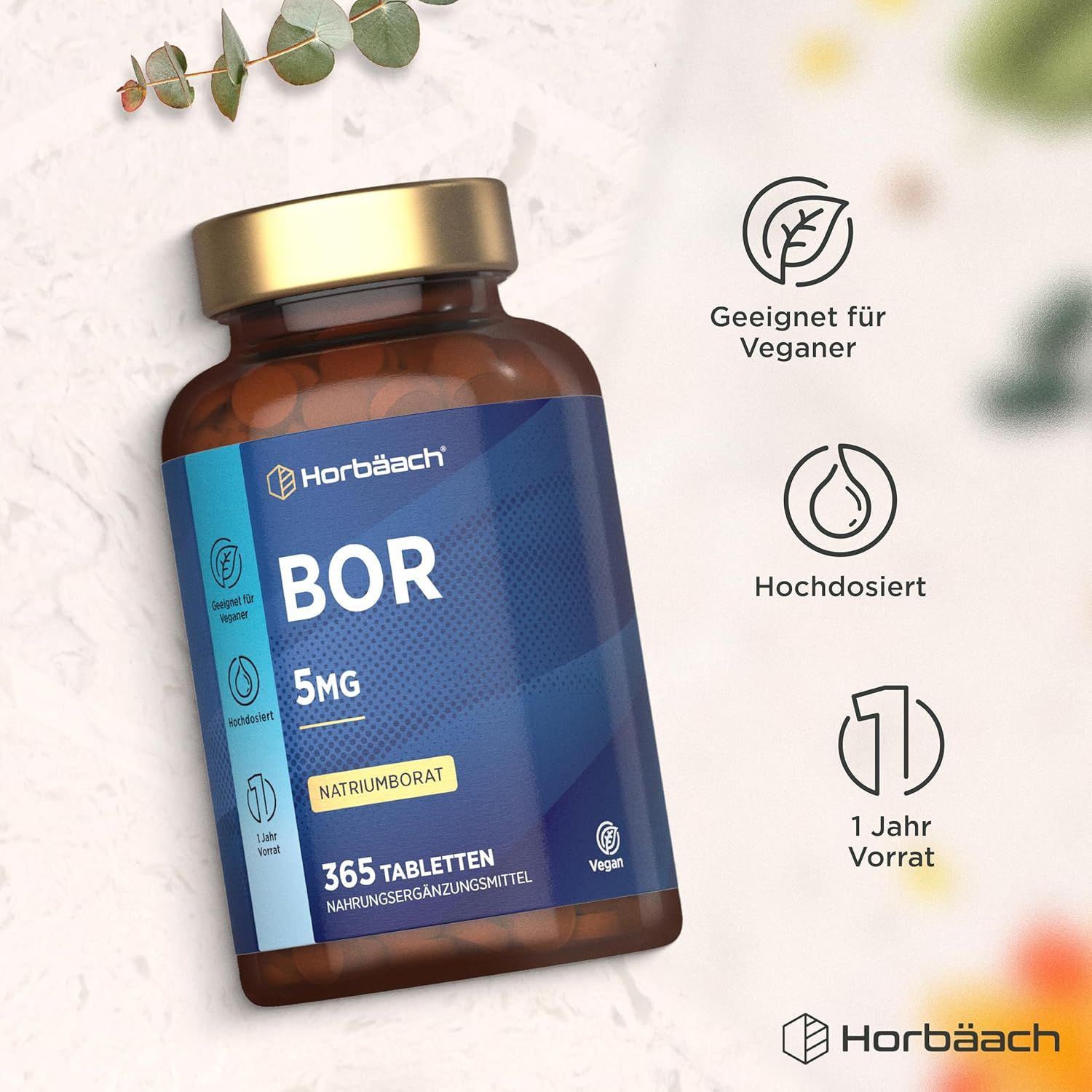 Braune Flasche Horbaach Bor Tabletten. Blaue Etikett mit BOR 5MG, Natriumborat, 365 Tabletten. Geeignet für Veganer, hochdosiert, 1 Jahr Vorrat.