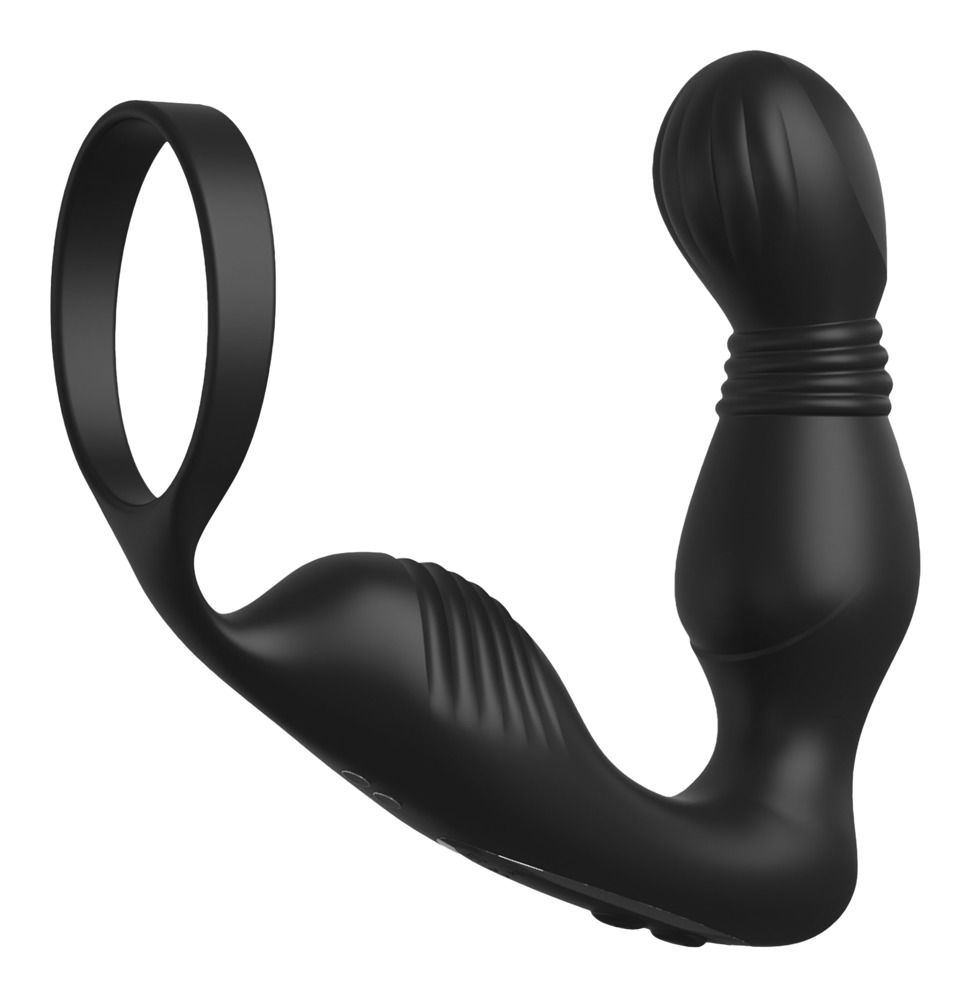 Schwarzes Massagegerät mit Penisring. Ring, geriffelte Basis, abgerundetes Ende. Auf weißem Hintergrund.