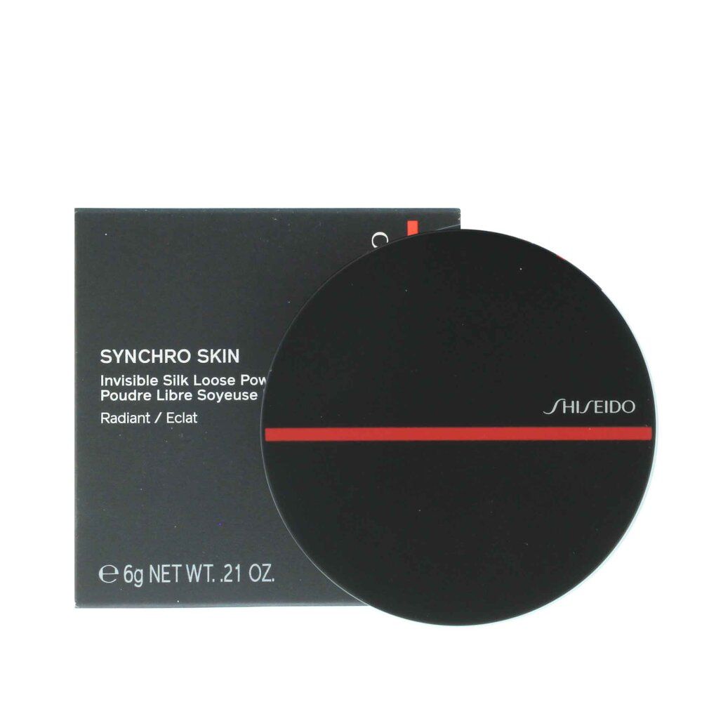 Schwarzer Behälter mit rotem Streifen und Produktname. Schwarze Verpackung mit Produktinformationen. Marke: Shiseido. Inhalt: 6g.