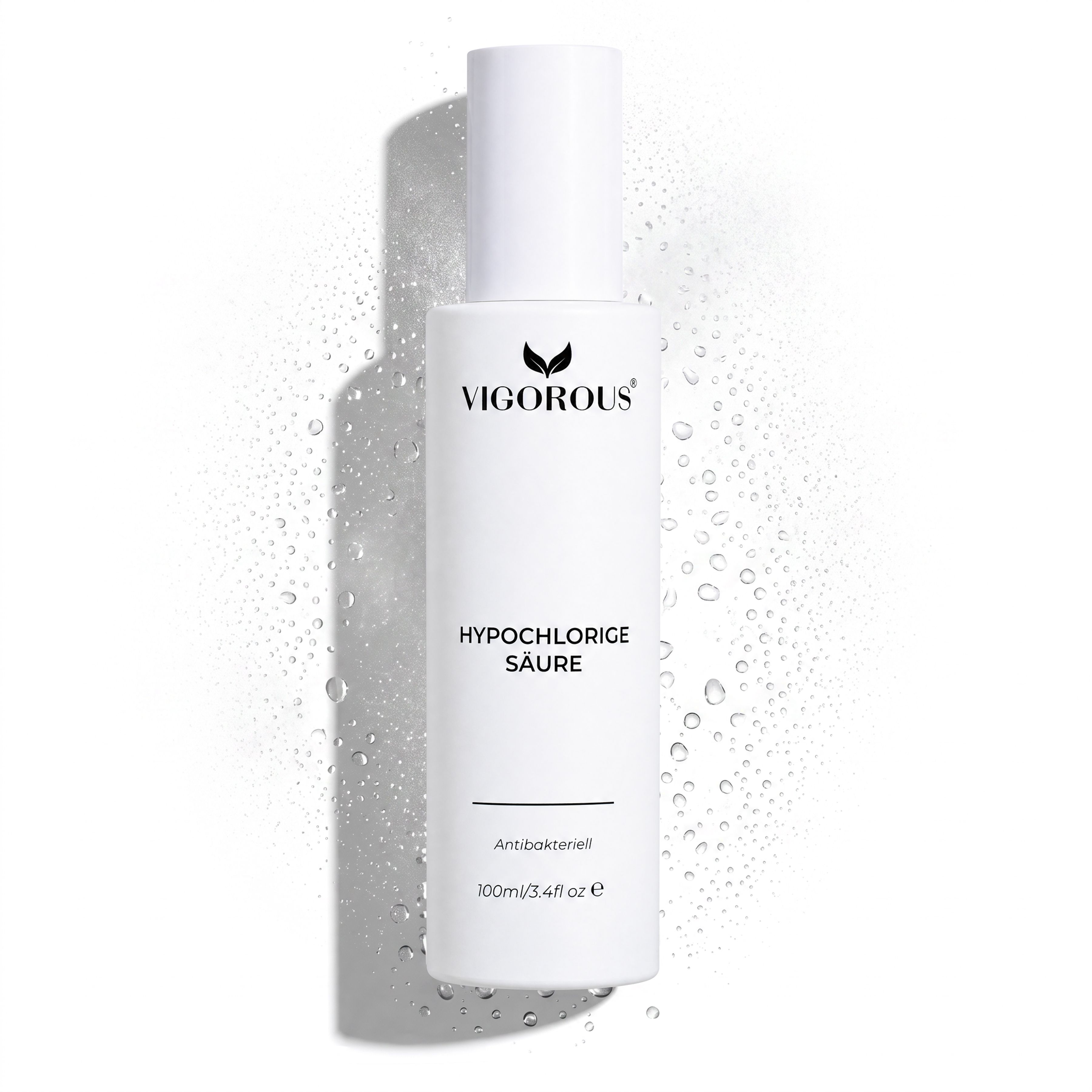 Vigorous Hypochlorous Säure Spray in weißer Flasche mit Tropfen.