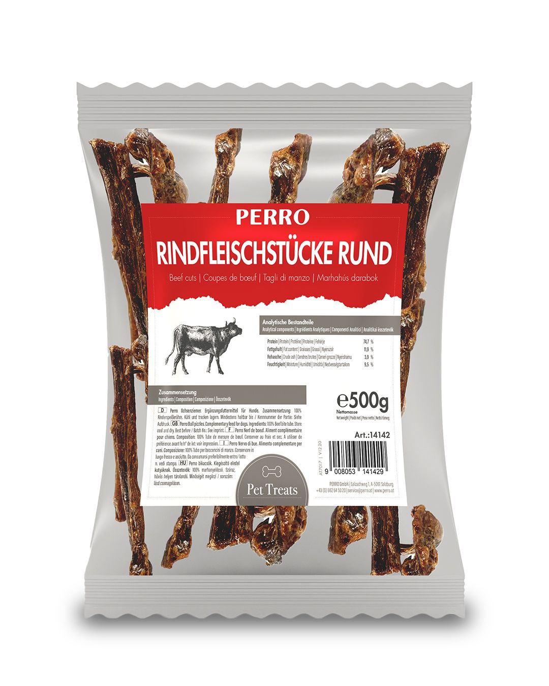 Verpackung mit Rindfleischstücken. Aufschrift: PERRO Rindfleischstücke rund. Enthält 500g. Mit Abbildung eines Rindes und dem Logo Pet Treats.