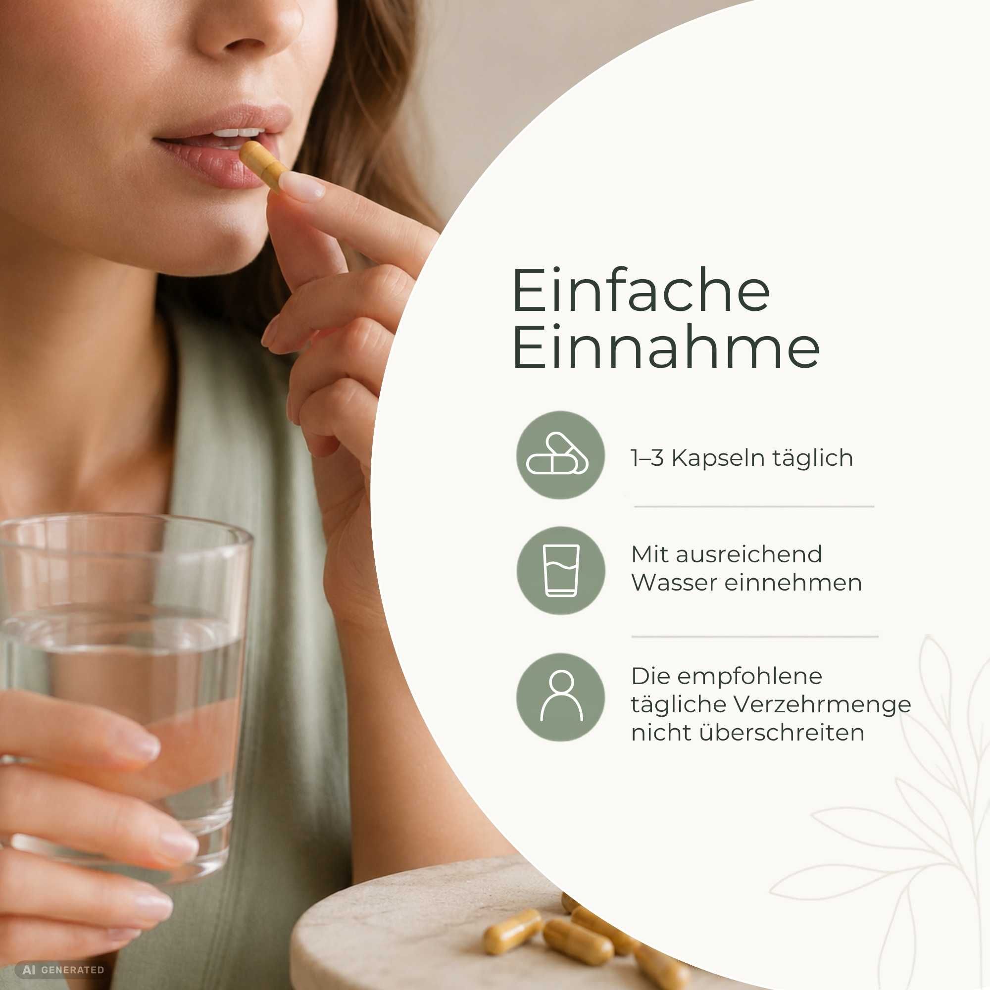 Frau nimmt eine Kapsel Cordyceps Vitalpilzextrakt mit Wasser ein, mit Anweisungen zur Einnahme.