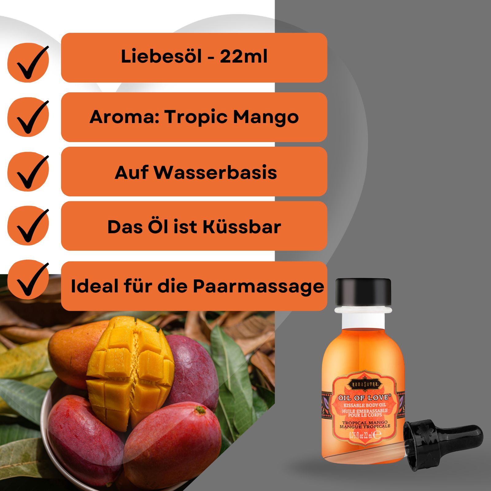 Kamasutra Öl of Love Flasche mit Mango. Text: Liebesöl, Aroma: Tropic Mango, auf Wasserbasis, küssbar, ideal für die Paarmassage.