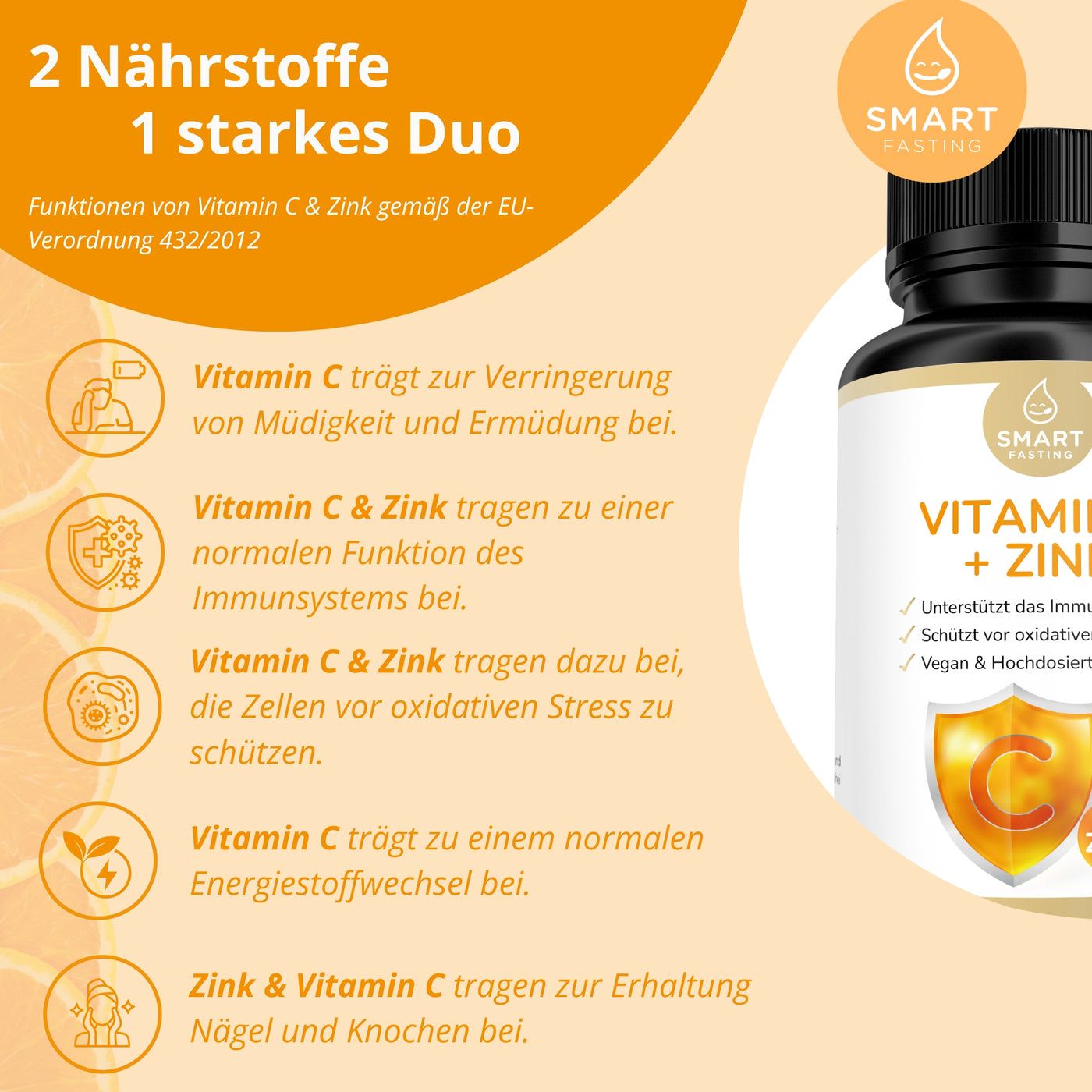 Braune Flasche mit schwarzen Deckel. Aufschrift: Vitamin C + Zink. Orangen und Text auf gelben Hintergrund.
