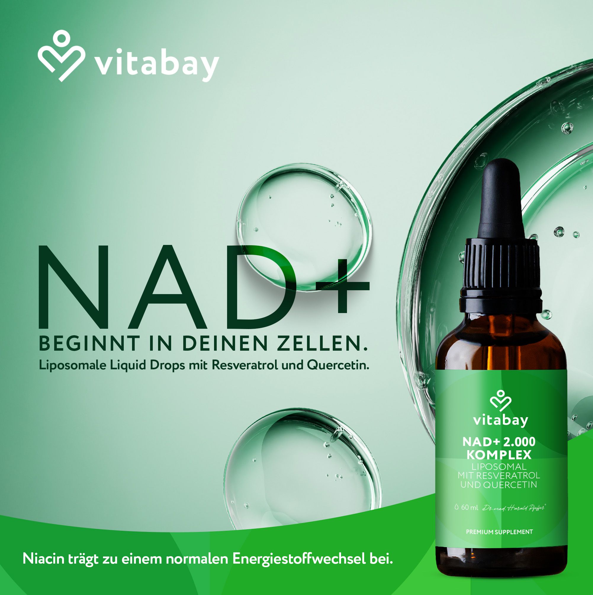 Vitabay NAD+ 2.000 Komplex liposomale Liquid Drops mit Resveratrol und Quercetin in einer Braunglasflasche mit Pipette.