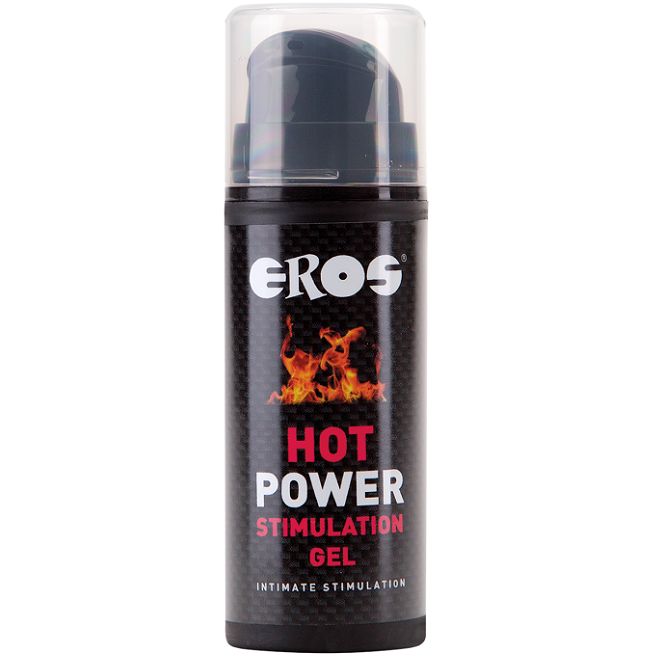 Eros Hot Power Stimulation Gel Flasche mit Pumpspender. Schwarze Textur, Flammen-Design.