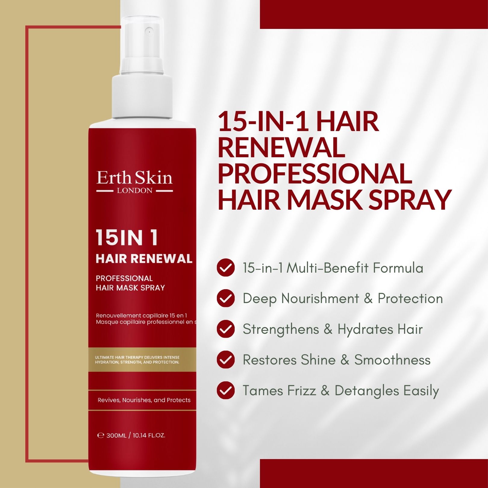 Rote Sprühflasche mit weißem Sprühkopf. Text: 15-in-1 Hair Renewal, professionelles Haarmaskenspray. Vorteile: Ernährung, Schutz, Glanz.
