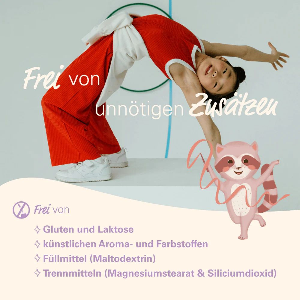Kind in roter Kleidung. Frei von unnötigen Zusätzen. Frei von Gluten, Laktose, künstlichen Aromen, Füllmittel und Trennmitteln.