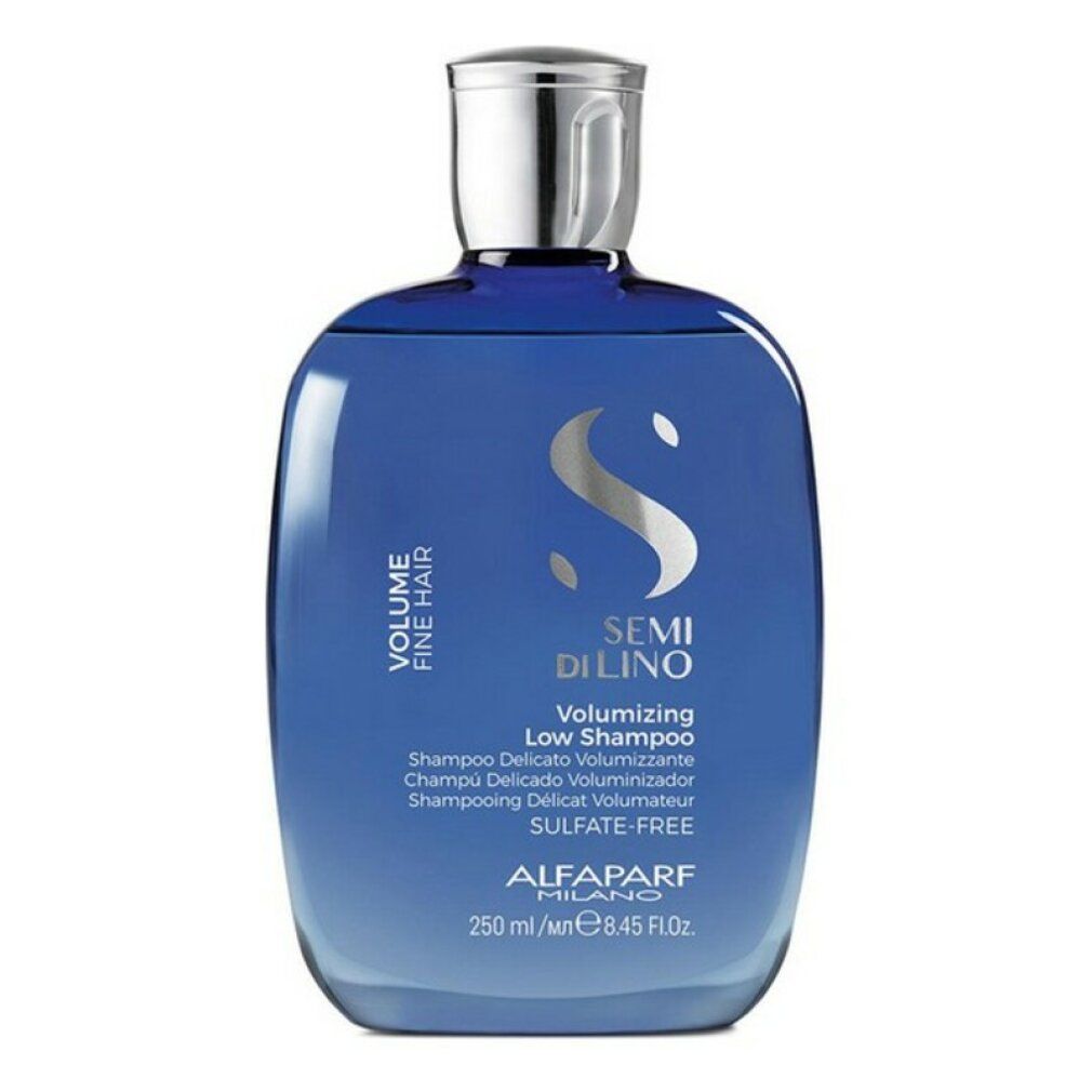 Blaue Flasche mit silbernem Verschluss, Semi di Lino Volumizing Low Shampoo, 250 ml.