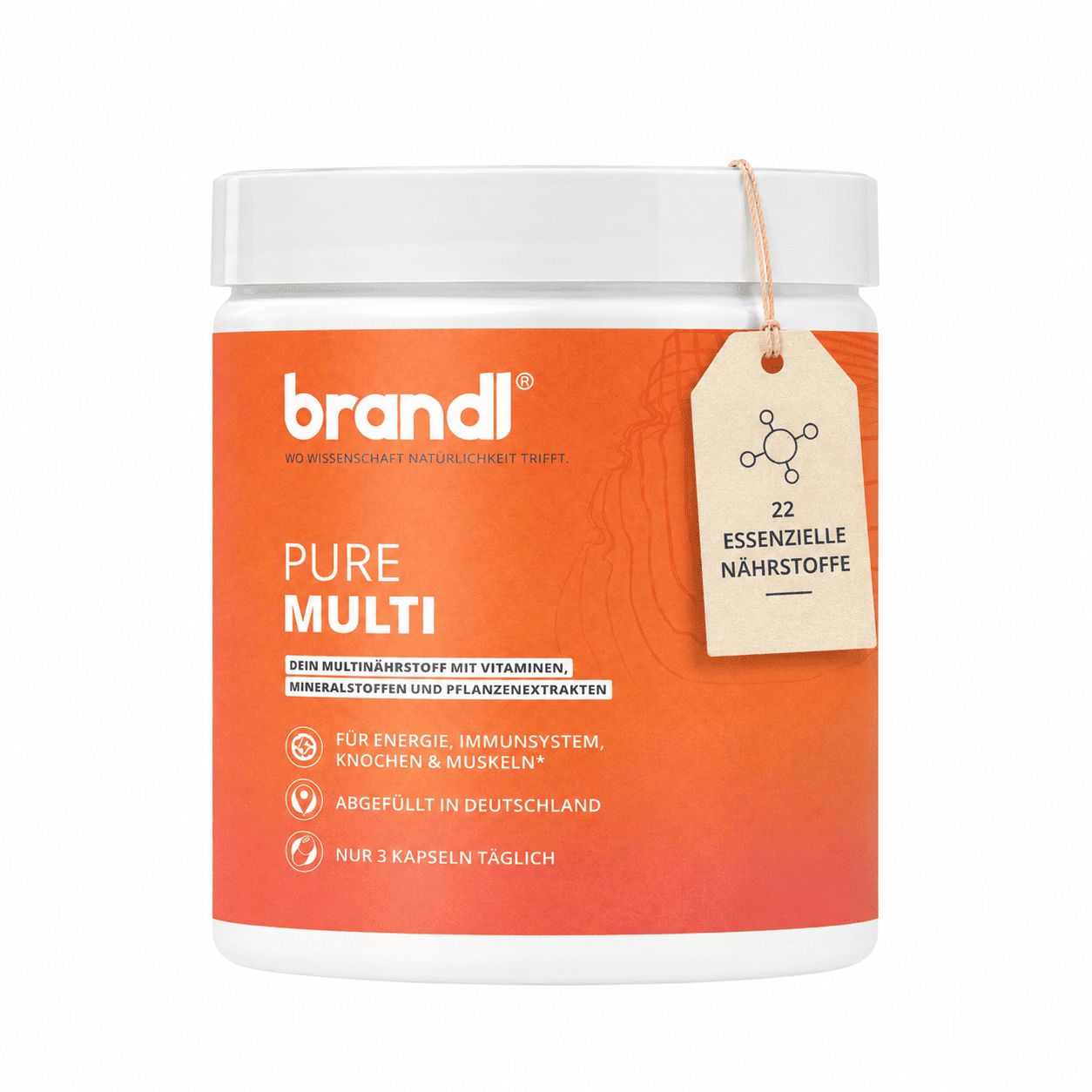 Brandl Pure Multi Nahrungsergänzungsmittel in weißem Behälter mit orangefarbenem Etikett. Enthält 22 essentielle Nährstoffe.