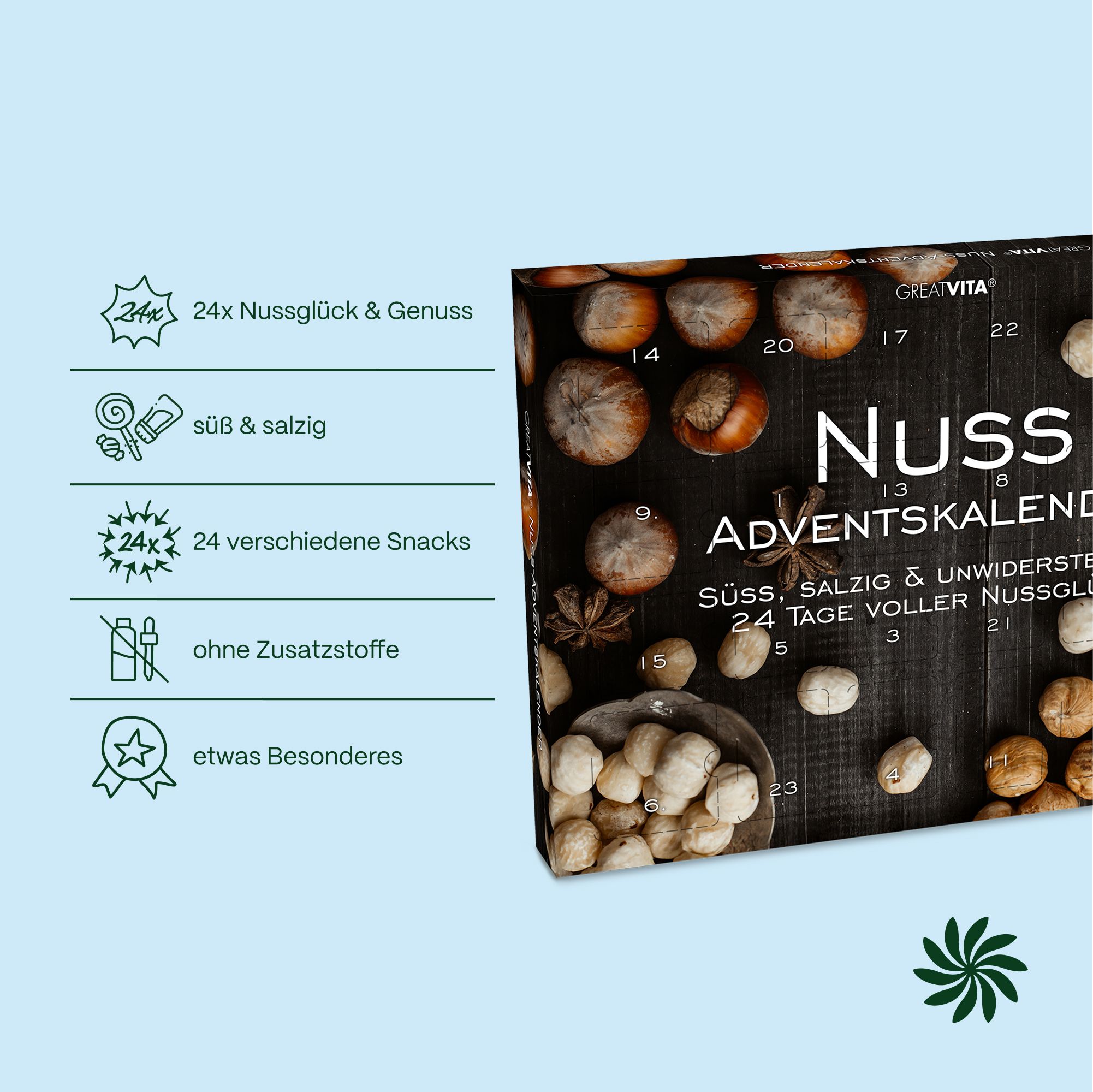 Nuss Adventskalender mit 24 Türchen, süß & salzig, ohne Zusatzstoffe.