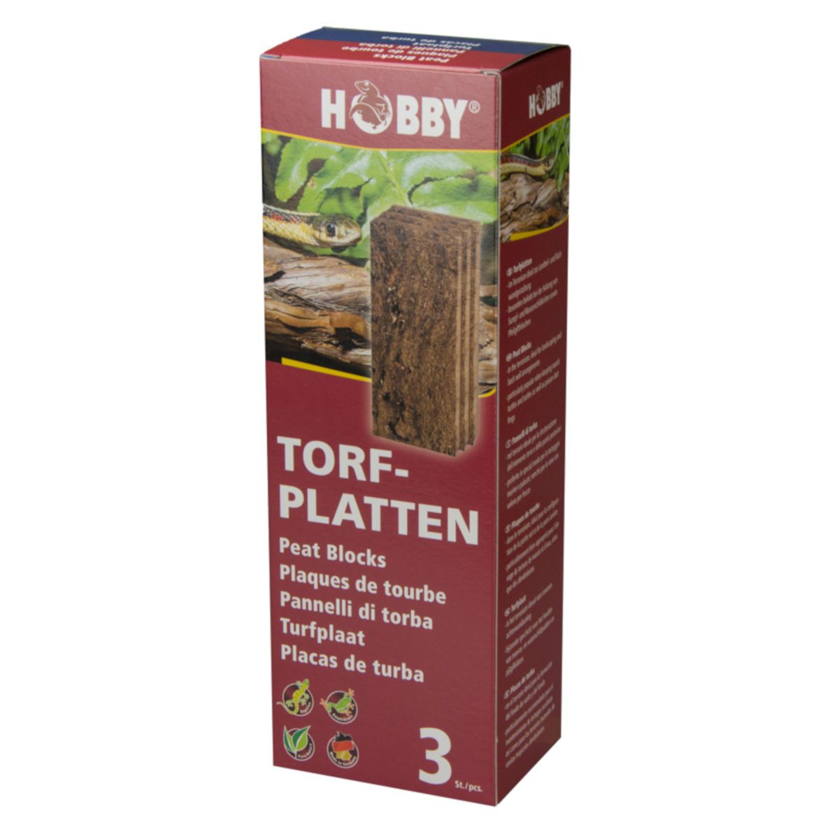 Verpackung mit "HOBBY"-Logo und "Torfplatten"-Schriftzug. Rote Box mit 3 Torfplatten-Symbolen.