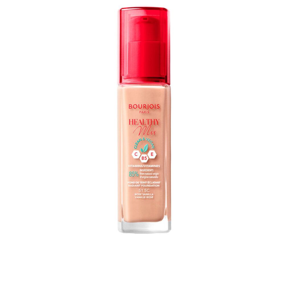 Bourjois Healthy Mix Foundation. Glasflasche mit rotem Deckel. Aufschrift: Healthy Mix, 515 Rose Vanilla.