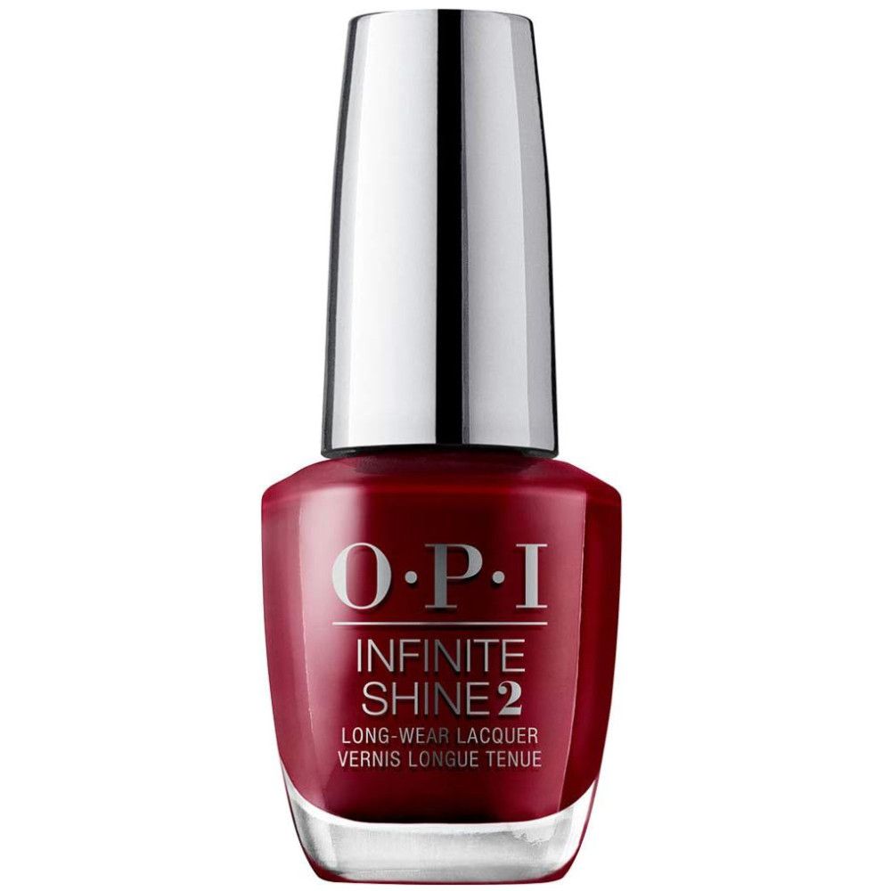 OPI Nagellack-Flasche. Rote Farbe mit silbernem Deckel. Aufschrift: Infinite Shine 2.