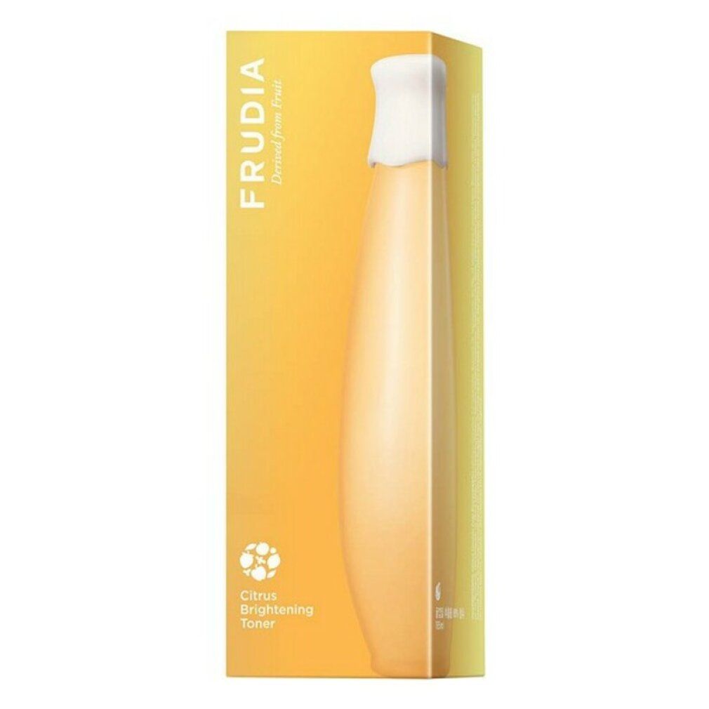 Gelbe Verpackung mit Produkt. Aufschrift: Frudia, Citrus Brightening Toner. Weißer Deckel sichtbar.