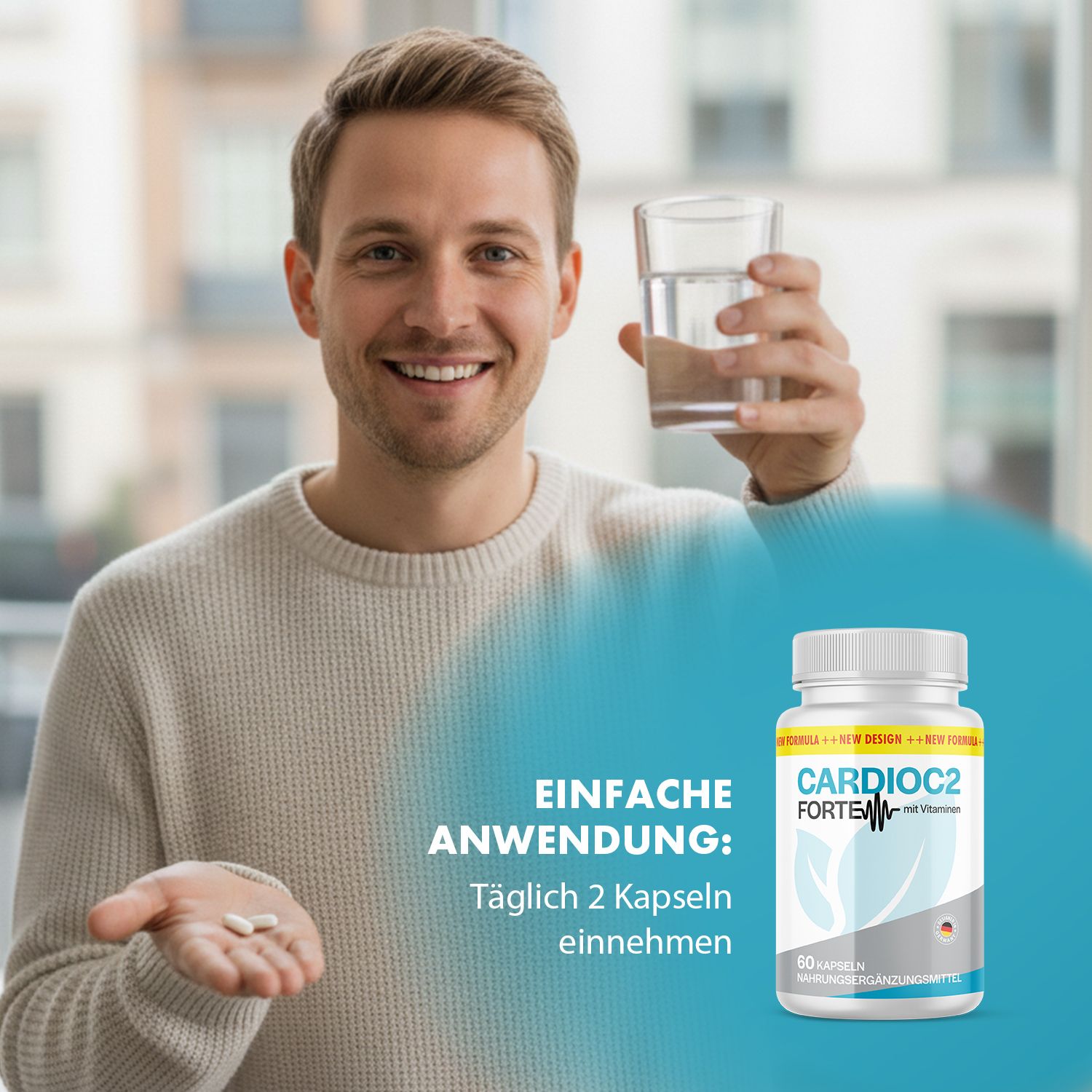 Mann hält Kapseln und Glas Wasser. Aufschrift: CardioC2 Forte mit Vitaminen. 60 Kapseln. Text: Einfache Anwendung: Täglich 2 Kapseln einnehmen.