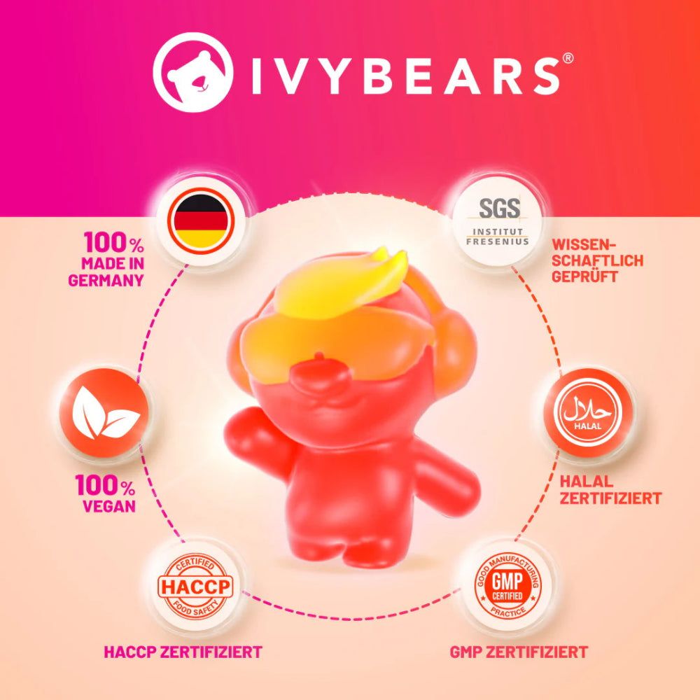 Roter Gummibär mit gelben Ohren. Zertifizierungen: 100% Made in Germany, Vegan, Halal, HACCP, GMP, SGS.