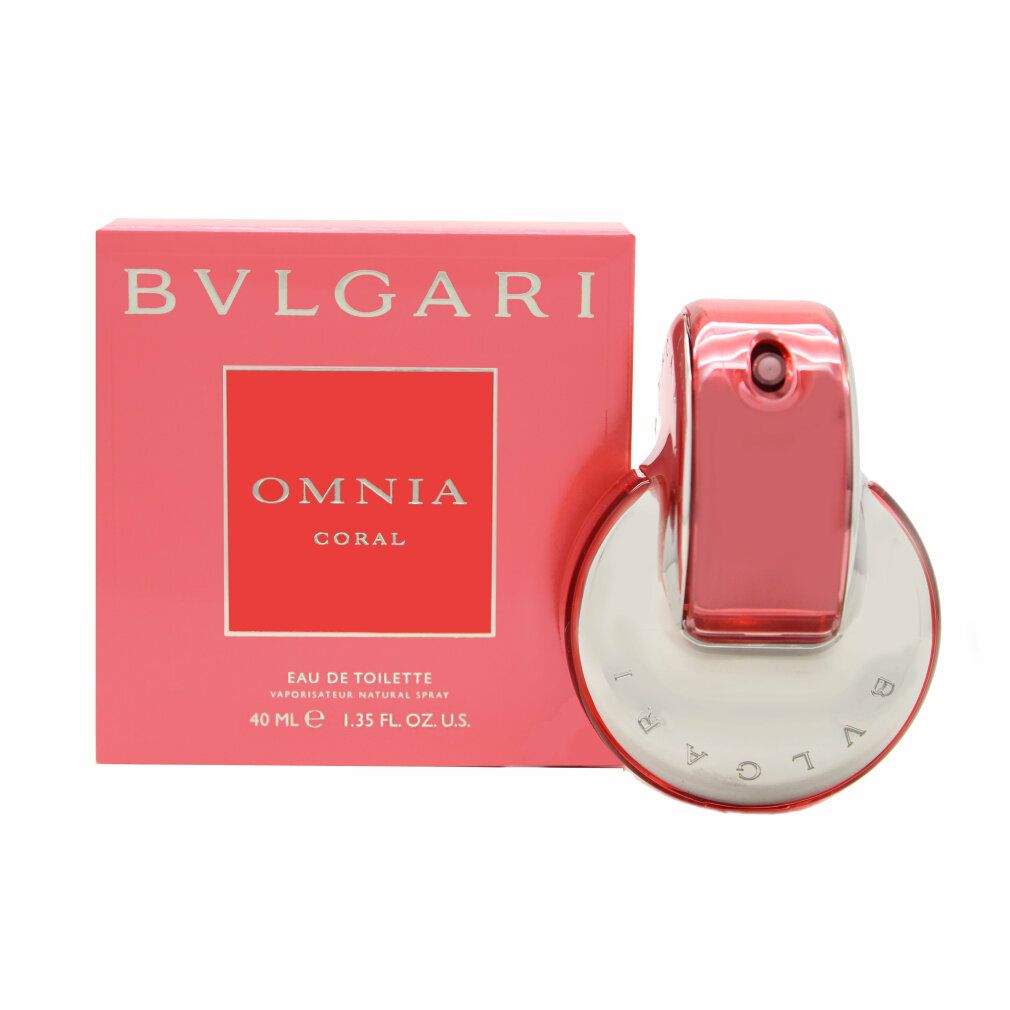 Roter Flakon und Schachtel. Aufschrift: BVLGARI OMNIA CORAL. Eau de Toilette. 40 ml.