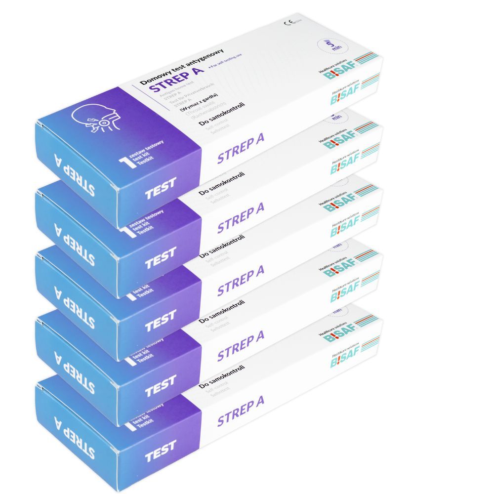 Stapel von Testpackungen. Jede Packung hat ein Logo und die Aufschrift 'STREP A'. Die Packungen sind in einer perspektivischen Ansicht angeordnet.