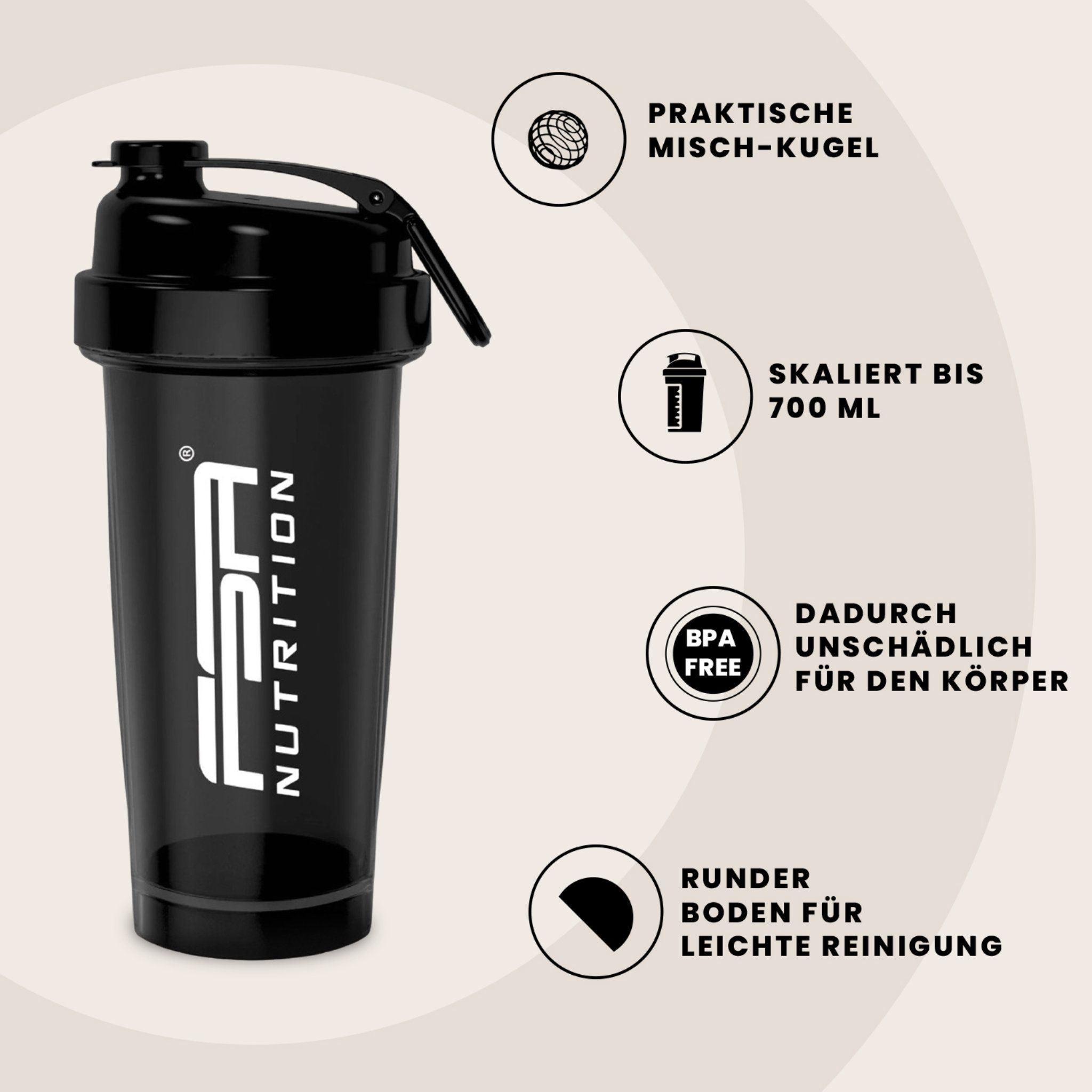 Schwarzer Shaker mit praktischer Mischkugel. Skaliert bis 700 ml. BPA-frei. Runder Boden für einfache Reinigung. FSA Nutrition Logo.