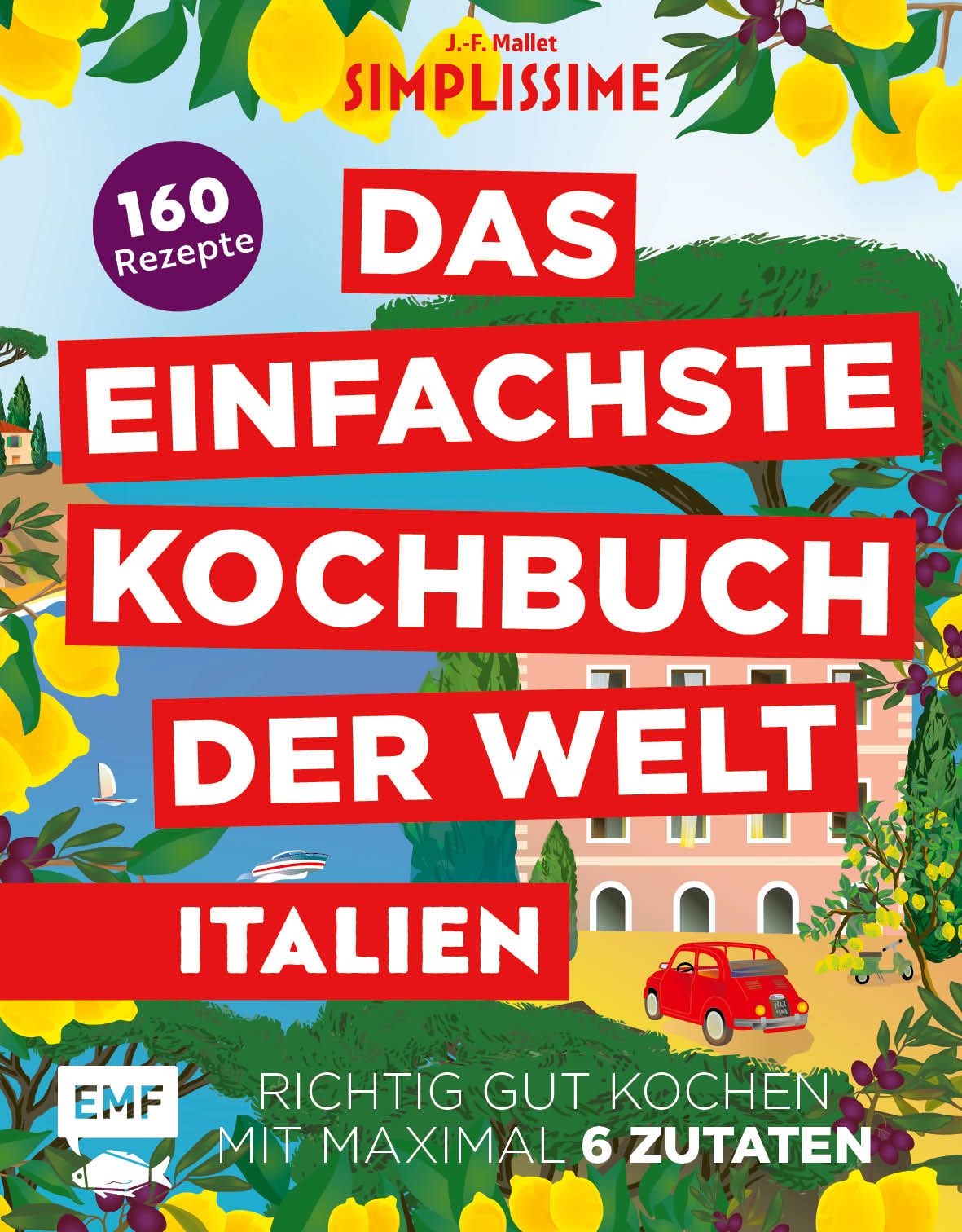 Kochbuch mit dem Titel "Simplissime - Das Einfachste Kochbuch der Welt: Italienische Küche". Auf dem Cover sind Illustrationen und Text.