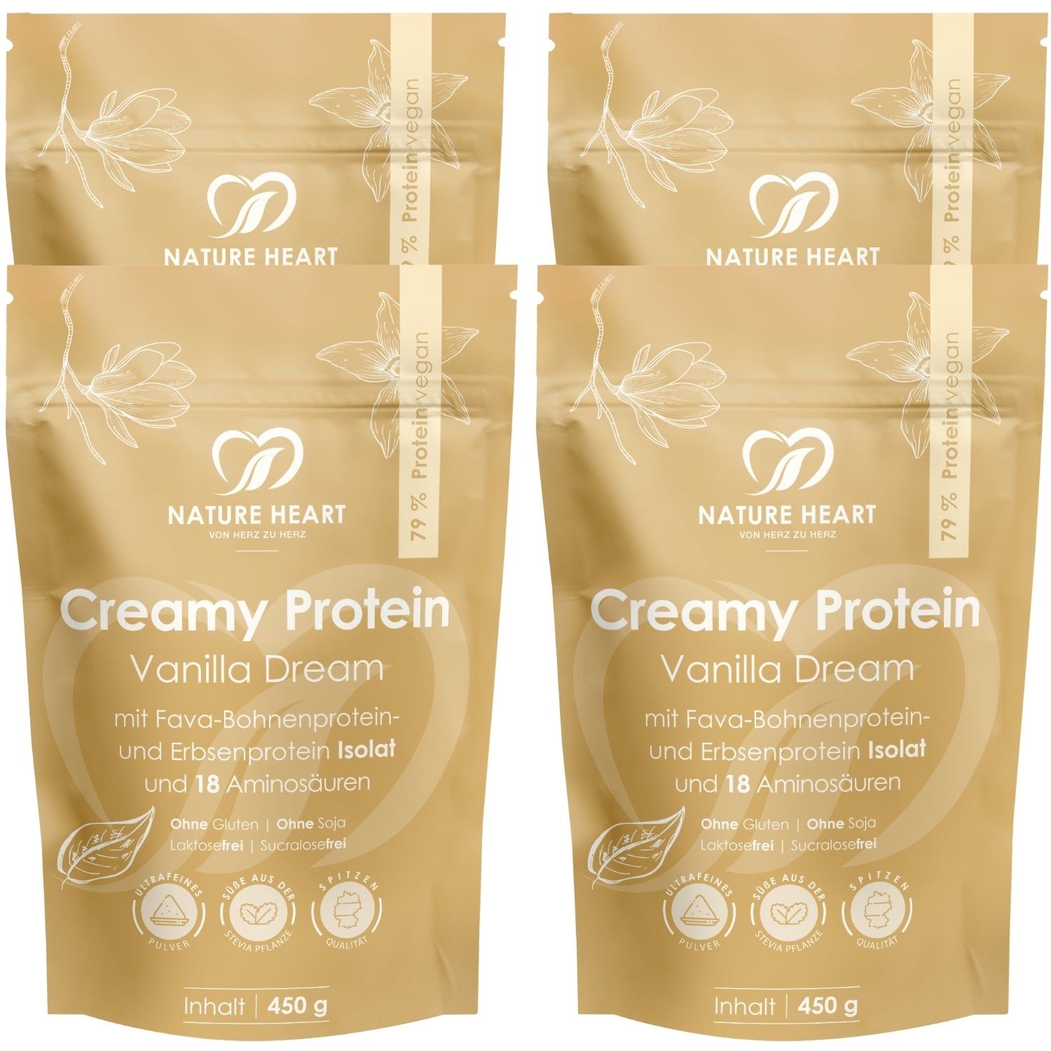 Vier Packungen Nature Heart Creamy Protein Vanilla Dream, 450g. Enthält Fava-Bohnen- und Erbsenprotein.