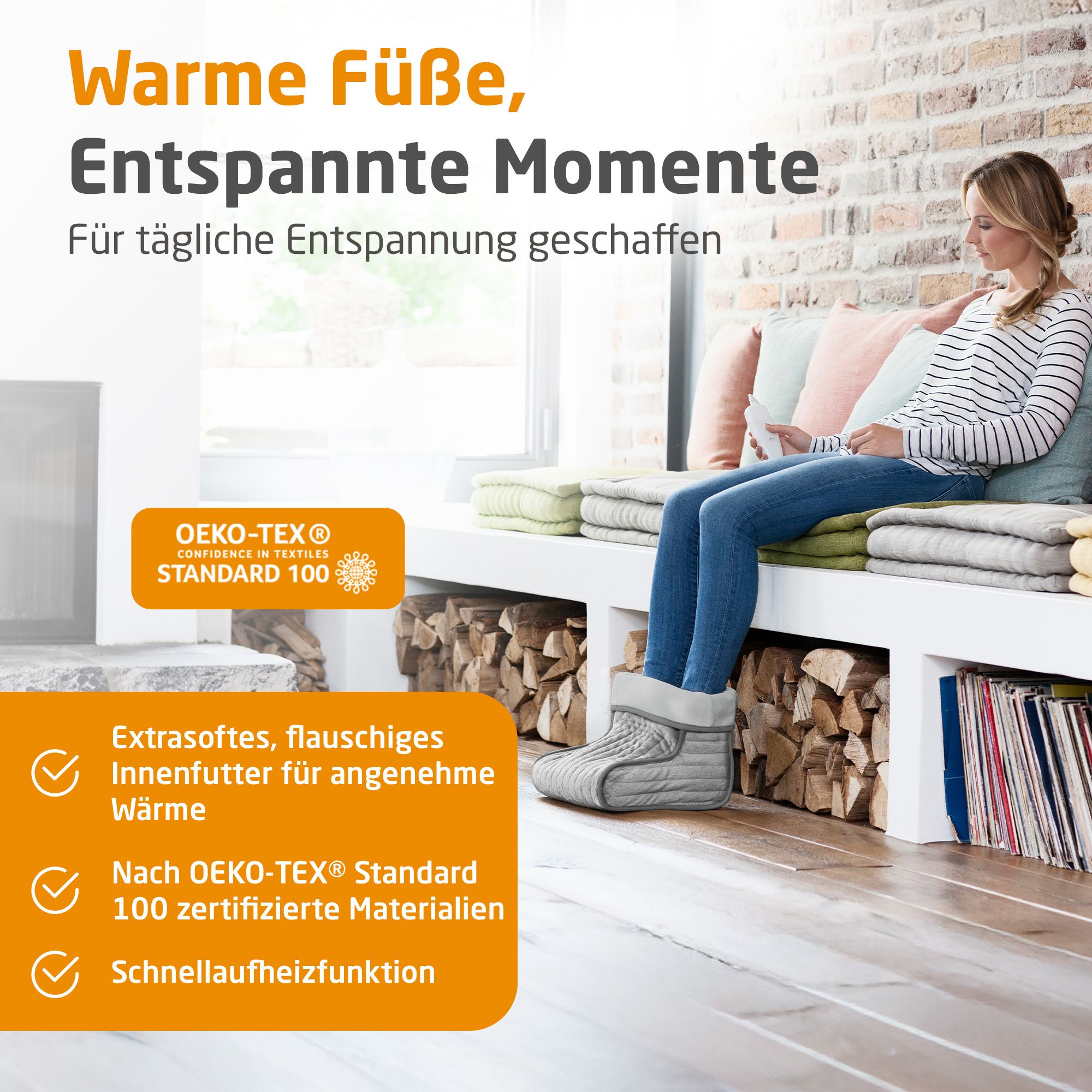 Grauer Fußwärmer mit flauschigem Innenfutter, OEKO-TEX® Standard 100 zertifiziert.