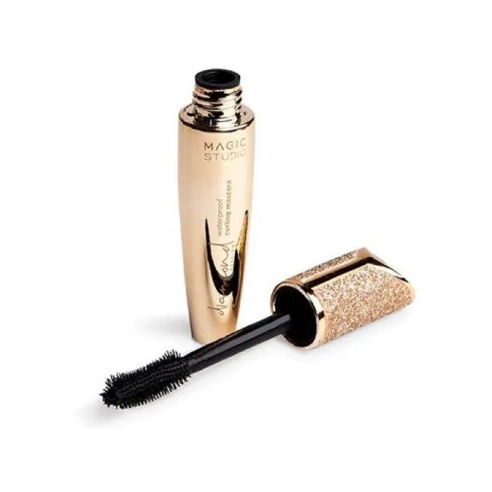 Goldfarbene Mascarahülse mit schwarzer Bürste. Aufschrift: Magic Studio, Diamond Edition, Waterproof Curling Mascara.