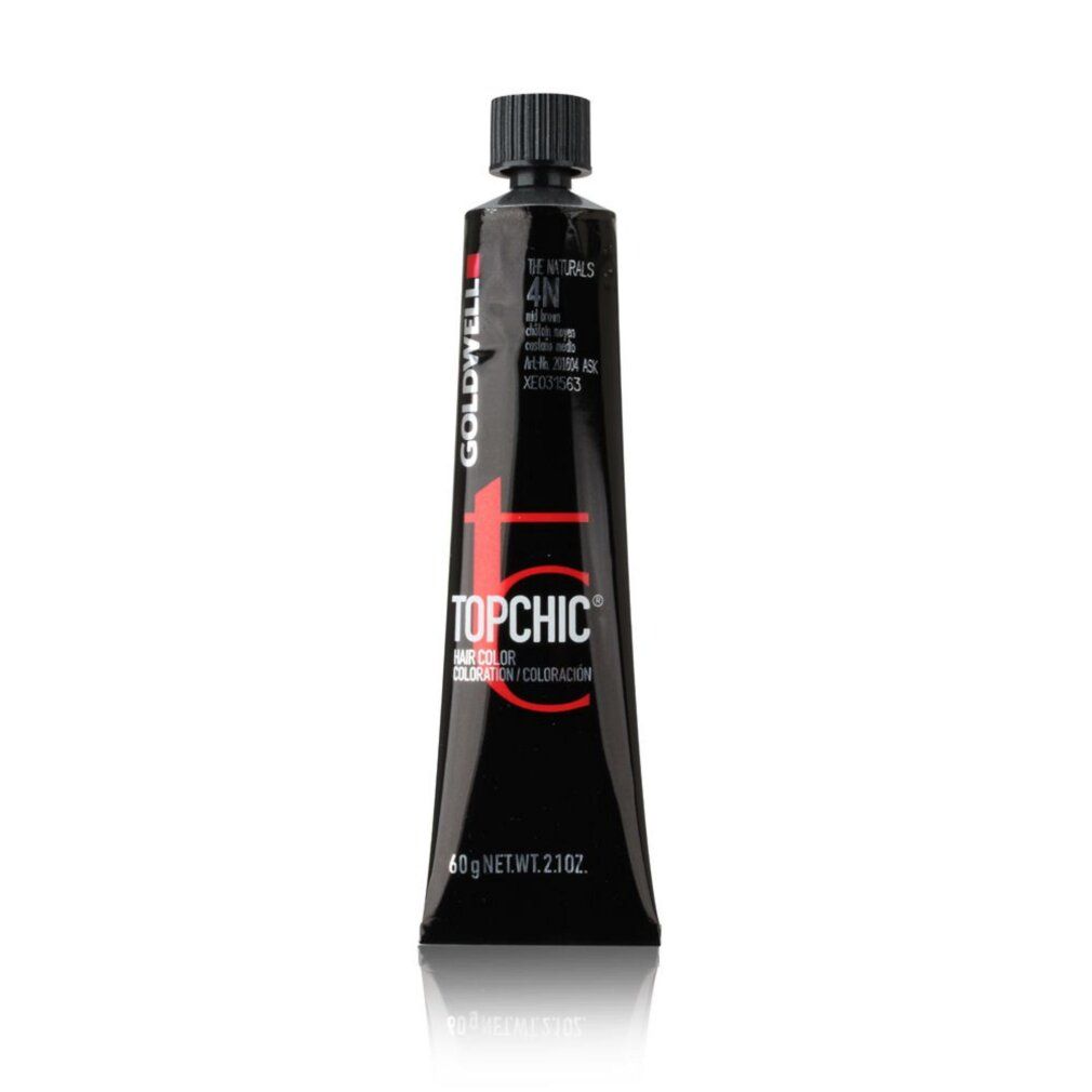 Goldwell Topchic Tube 4-N. Schwarze Tube mit schwarzem Deckel. Text: 4N, Mild Brown, 60g. Farbtonprobe.