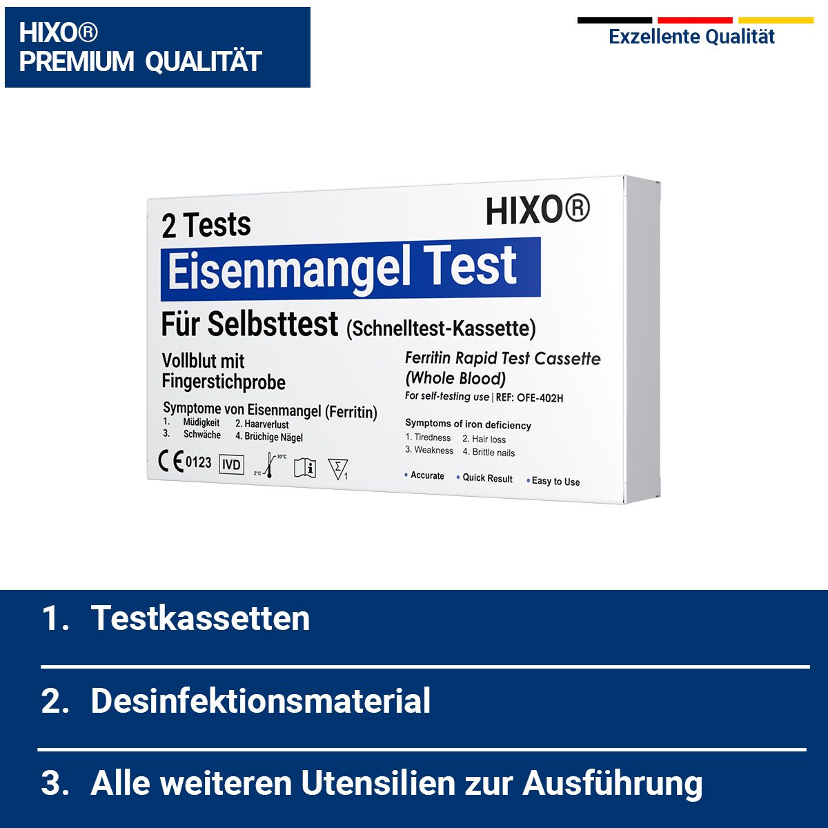 Packung mit zwei HIXO Eisenmangel-Tests. Enthält Testkassetten. Aufschrift: Eisenmangel Test, Für Selbsttest. Mit CE-Kennzeichnung und IVD-Symbol.