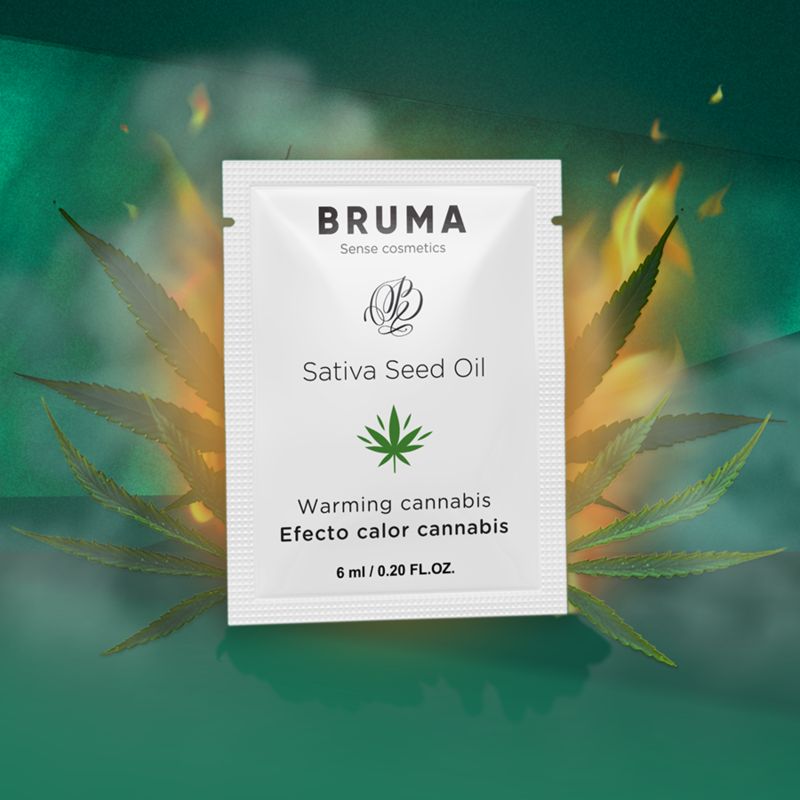 Weißer Beutel mit "Bruma", "Sativa Seed Oil", Cannabis-Blatt und "Warming cannabis". Hintergrund: Flammen und Cannabisblätter.