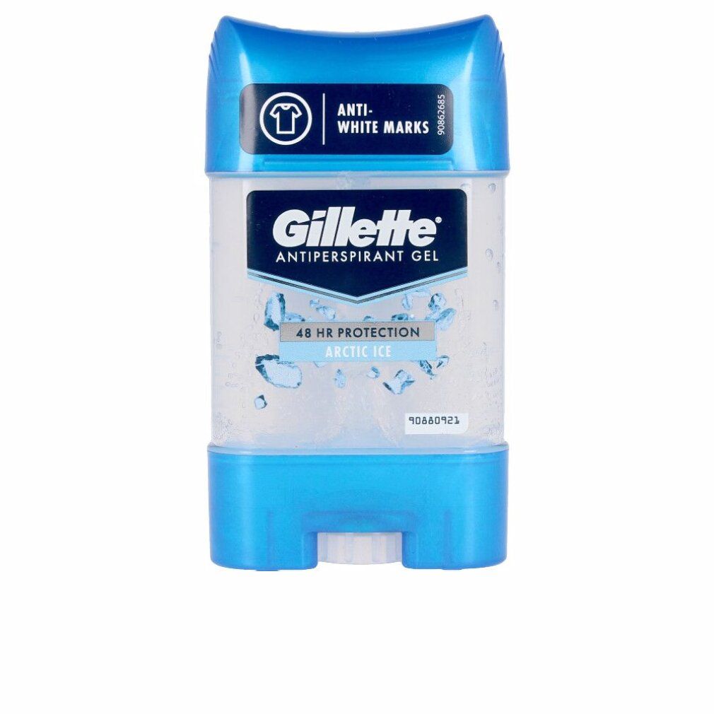 Deo-Gel in blau-transparenter Verpackung. Schriftzug: Gillette, Antiprerspirant Gel, Arctic Ice. Anti-White Marks.