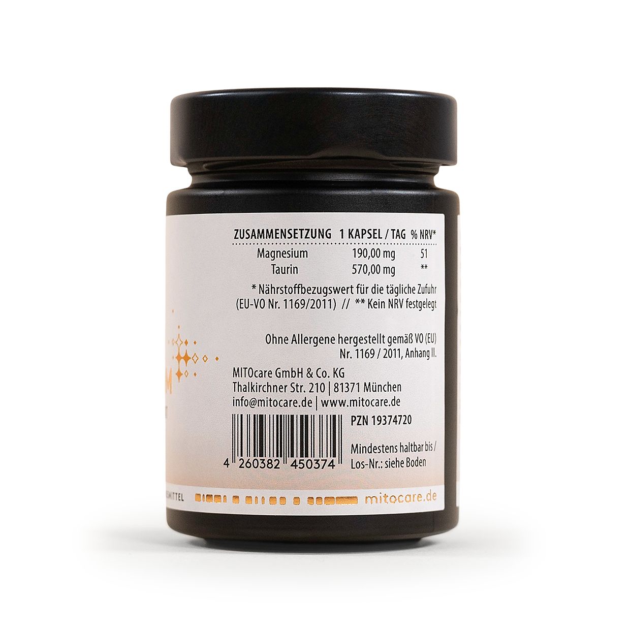 Rückseite einer MITOcare Magnesium Kapseldose. Enthält Nährwertangaben, Herstellerinformationen und Barcode.