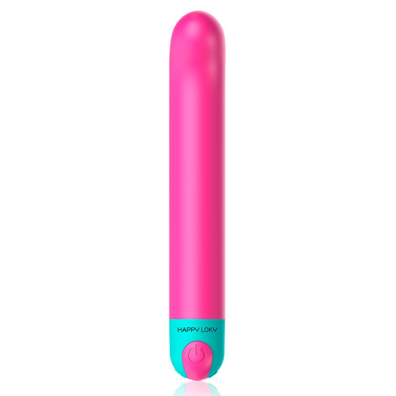 Gerader, pinkfarbener Vibrator mit blauem Fuß. Auf dem Fuß steht "HAPPY LOKY".
