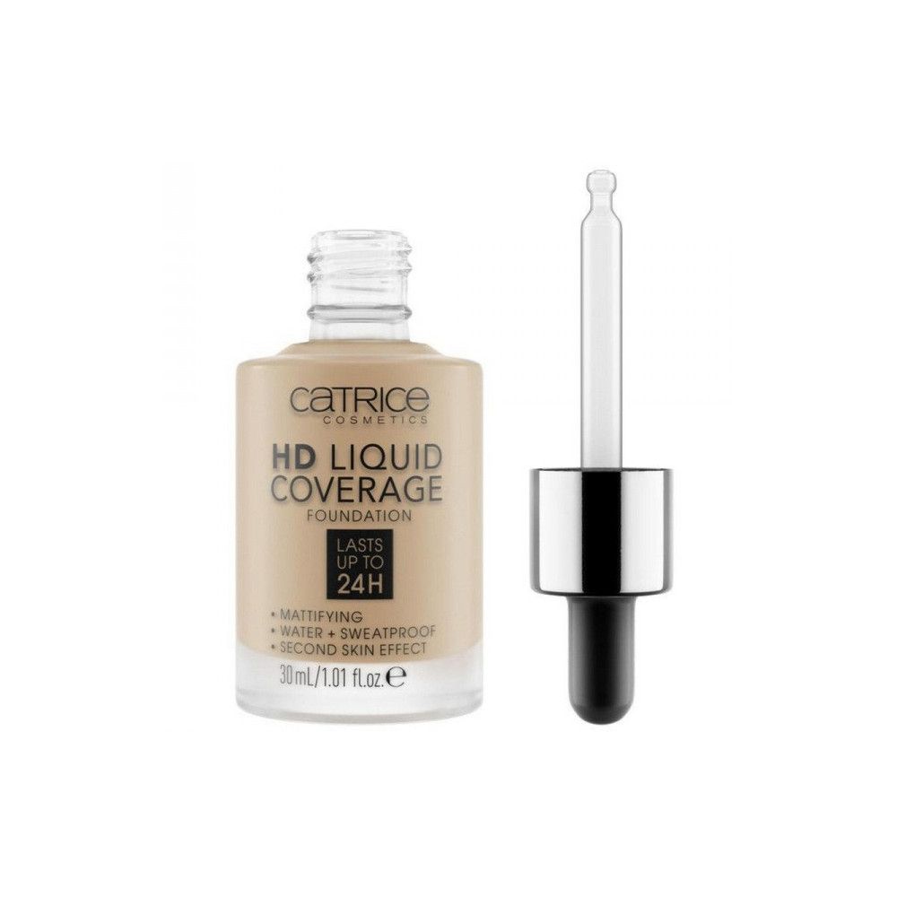 Flüssige Foundation in Glasflasche mit Pipette. Aufschrift: HD Liquid Coverage Foundation. Mattierend, wasserfest, schweißfest. 30 ml.