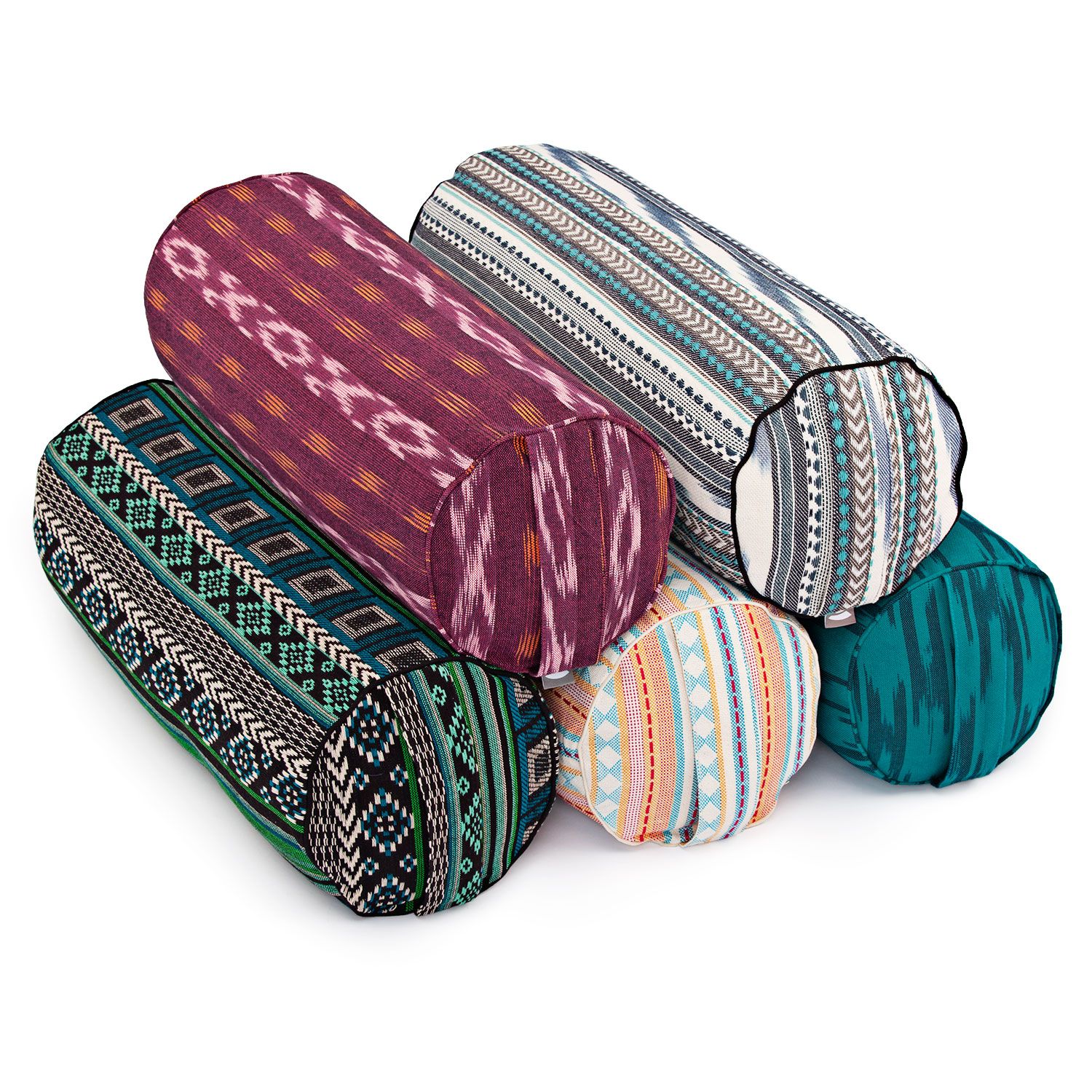 ETHNO Collection: Yoga-Bolster (rund), Jacquard-Webstoff, apricot-hellblau gem., Dinkelhülsen