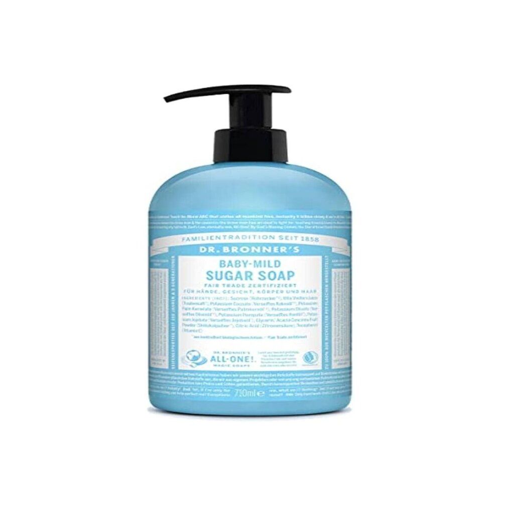 Hellblaue Flasche mit schwarzem Pumpkopf. Beschriftung: Baby-Mild Sugar Soap. Zertifiziert Fair Trade.