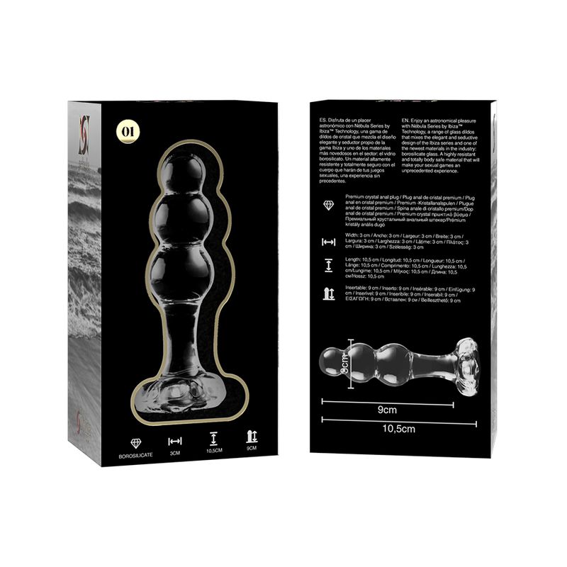 Klarer Glasanalplug mit drei Kugeln und breiter Basis. Maße 10,5 cm Länge, 3 cm Breite.