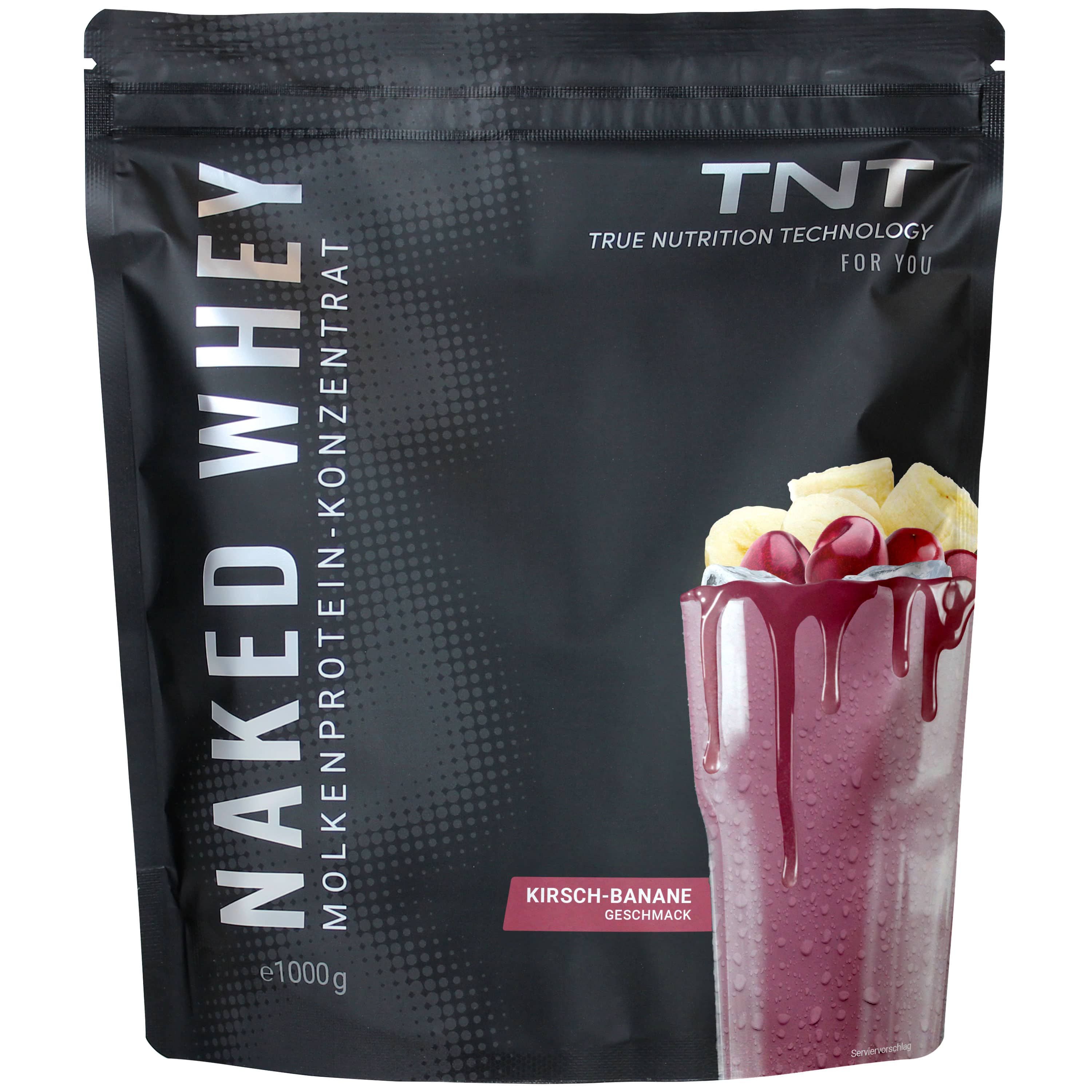 Schwarze Verpackung mit TNT Naked Whey. Kirsch-Banane-Geschmack. Smoothie mit Früchten. e1000g.