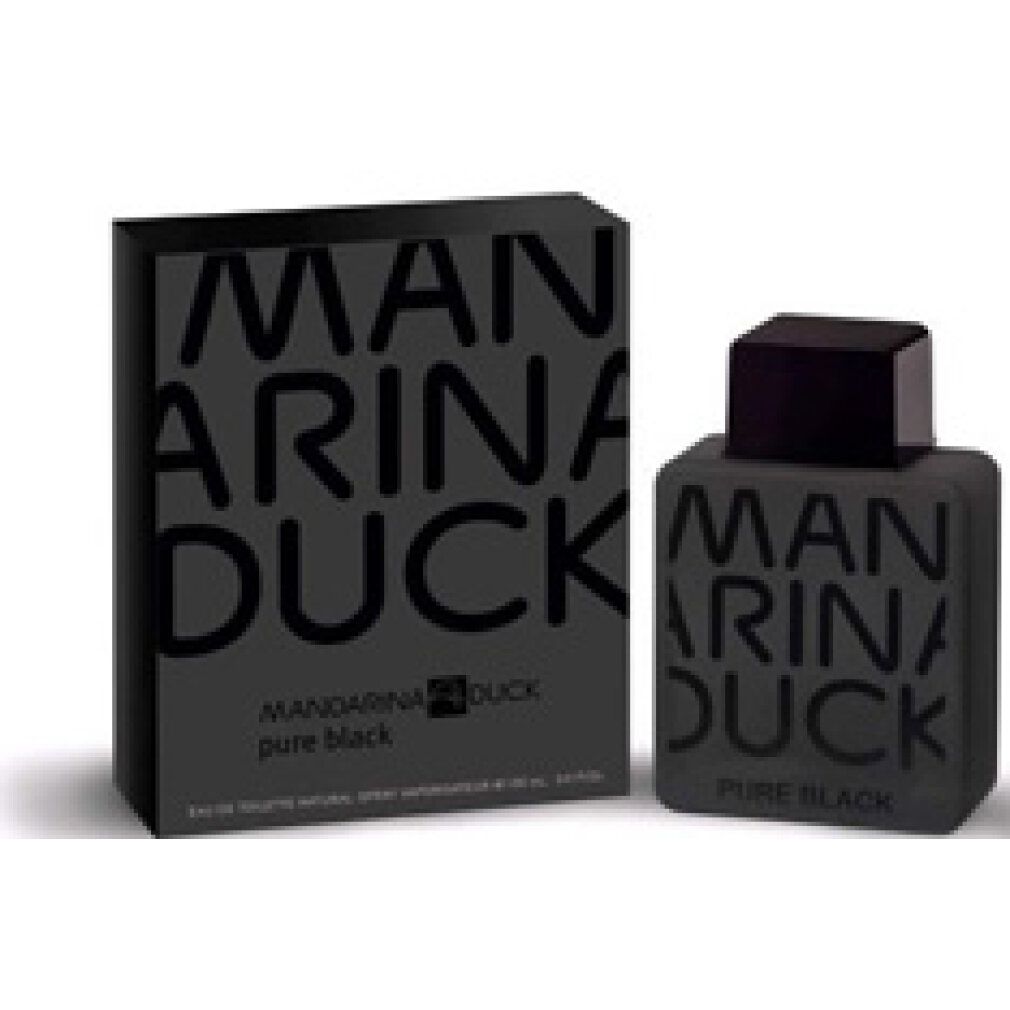 Schwarzer Flakon und Verpackung. Aufschrift: Mandarina Duck Pure Black. Eau de Toilette.